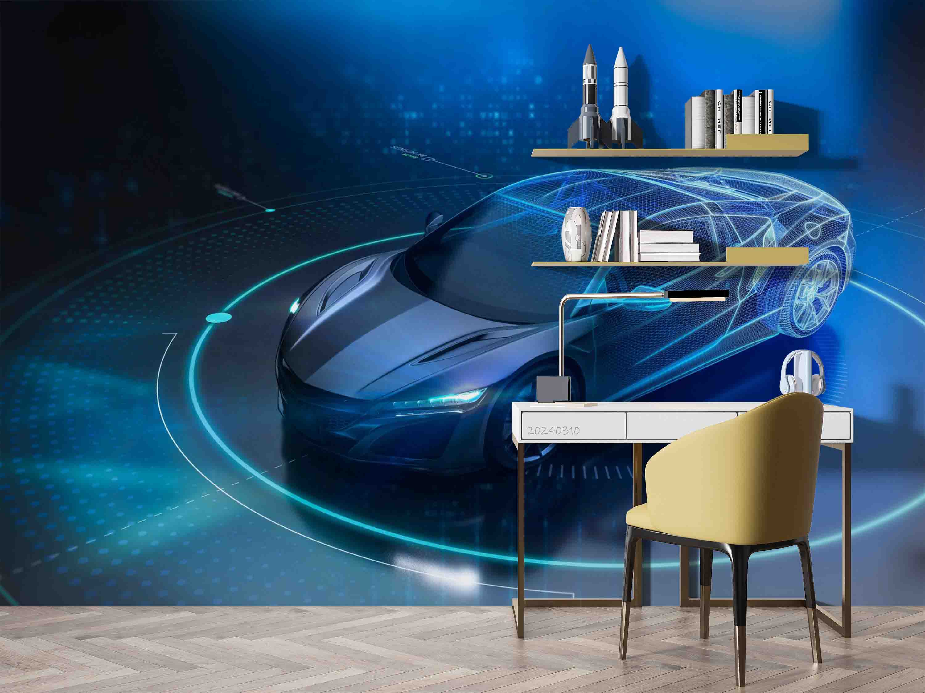 3D Blue Sports Car Wallpaper Wall Mural Wall Decor Wall Art Wall Sticker Remoable Wallpaper