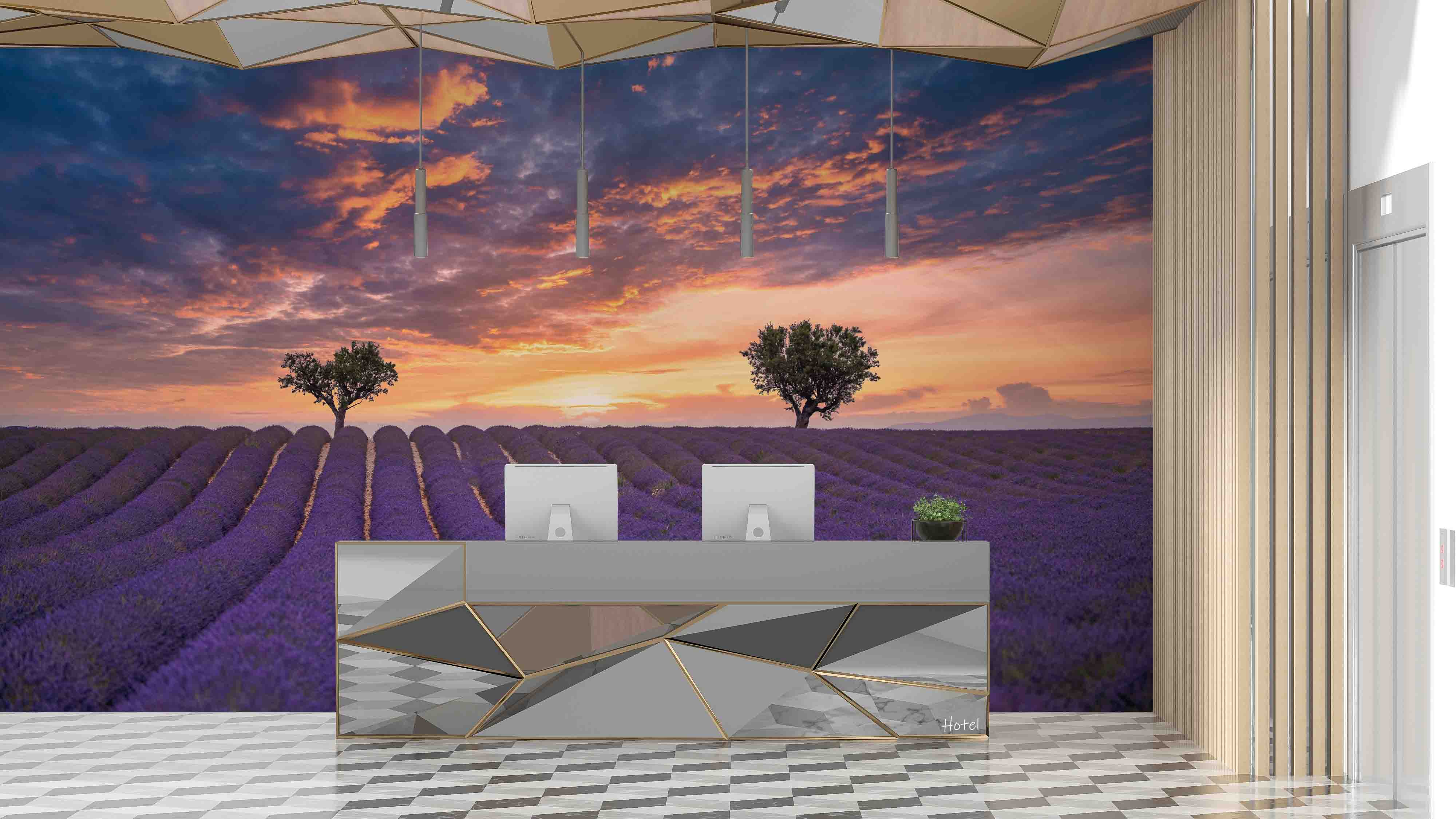 3D Hotel Inn Motel Hostel Resort Manor Landscape Lavender Garden Wall Mural Wallpaper 2