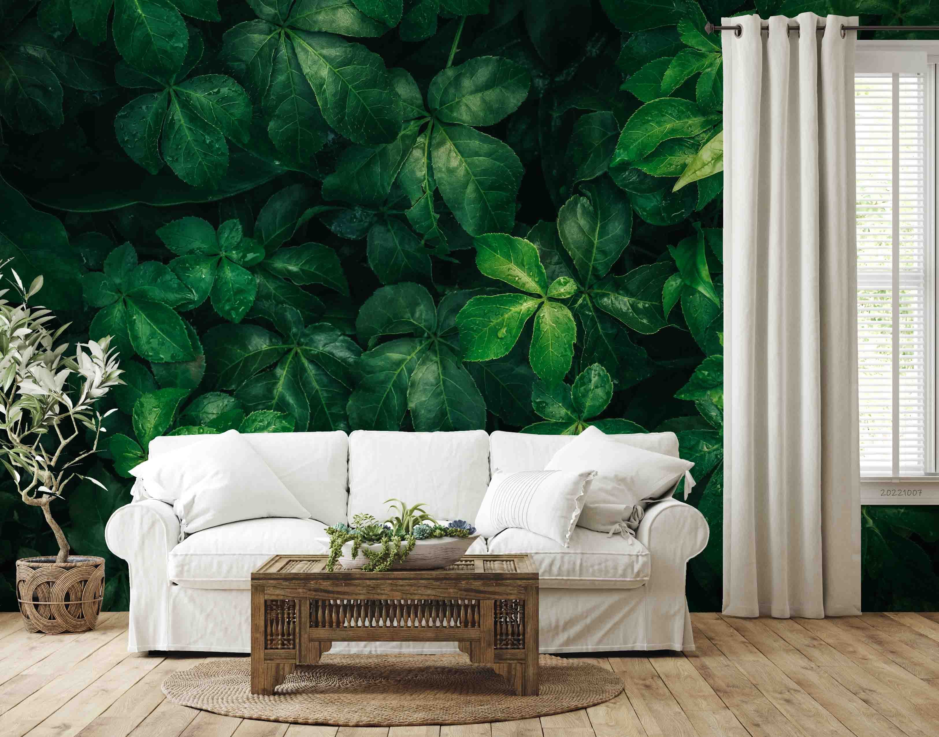 3D Tropical Leaves Dark Green Water Drops Texture Natural Background Wall Mural Wallpaper GD 3263- Jess Art Decoration