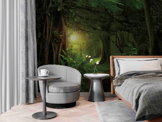 3D Sunlit Forest Tree sunlit green forest landscape wall mural wallpaper for living room - view 4