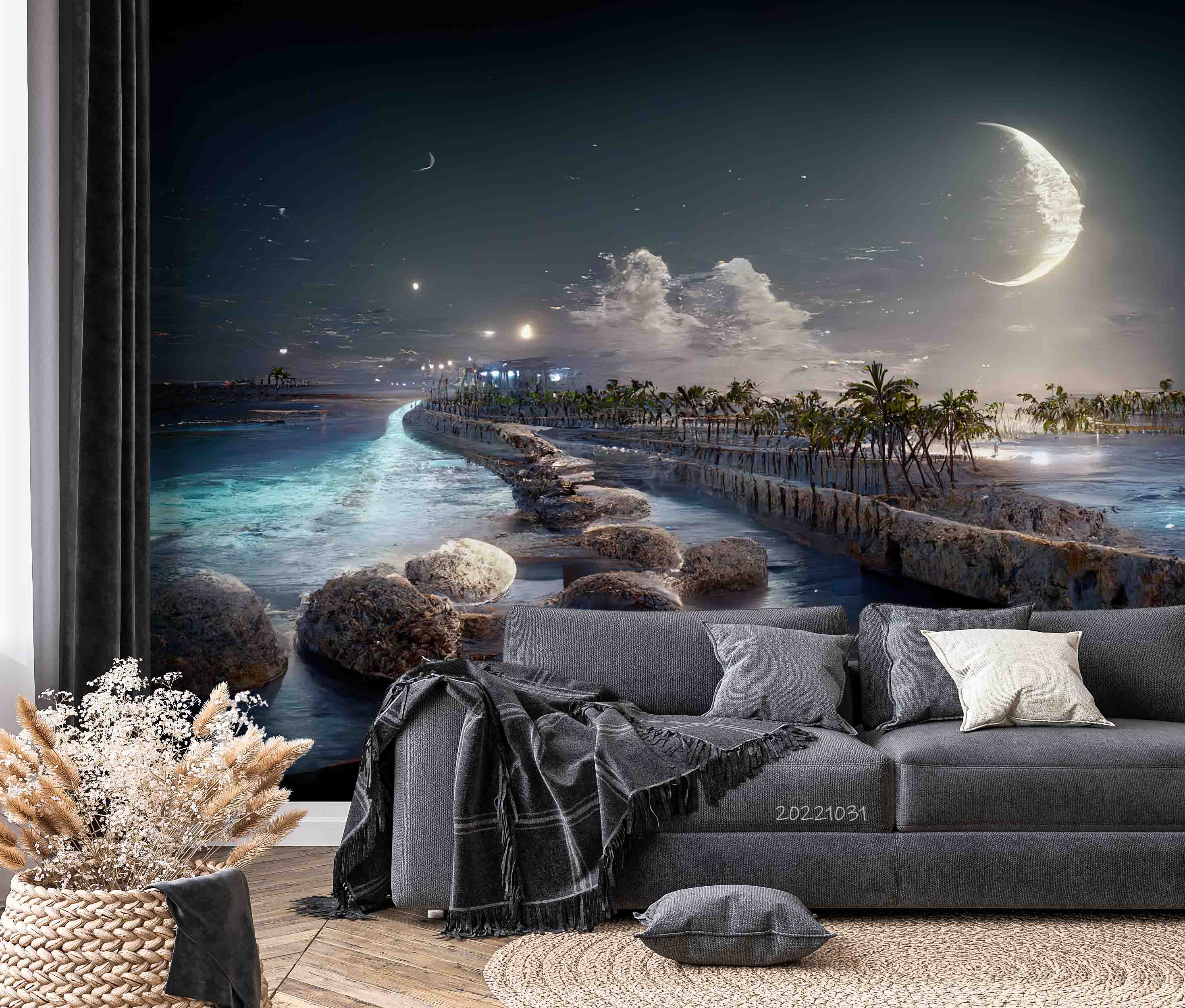 3D Promenade Beach Palm Tree Night Full Moon Sky Wall Mural Wallpaper GD 3050- Jess Art Decoration