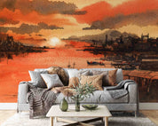 3D Oil Painting Ship Sea House Sunrise Cloud Wall Mural Wallpaper YXL 156