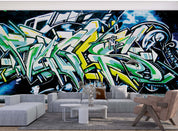 Graffiti Letter Blue Brick Wallpaper typography graffiti wall mural for teen room or studio - view 3