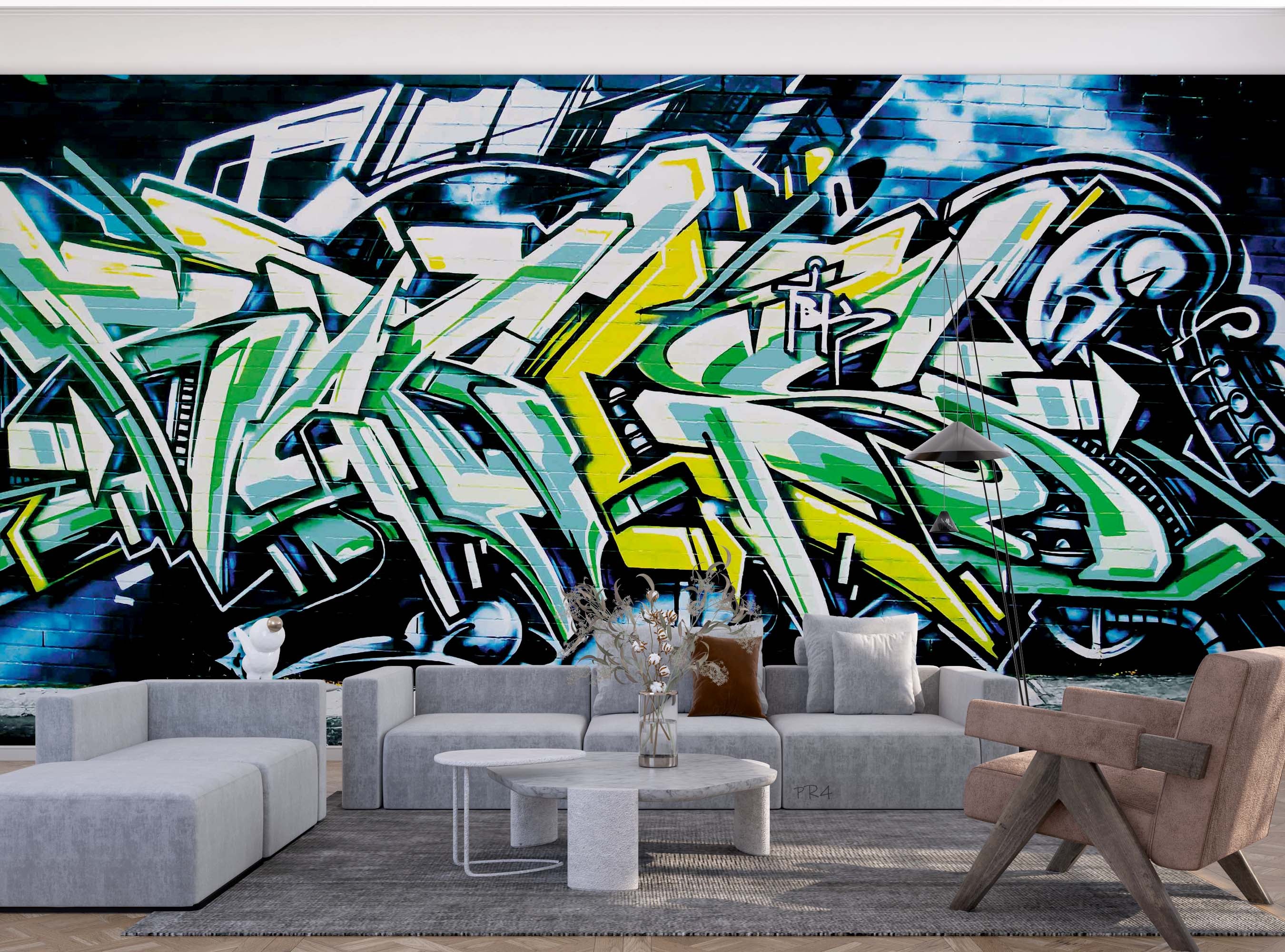 Graffiti Letter Blue Brick Wallpaper typography graffiti wall mural for teen room or studio - view 3