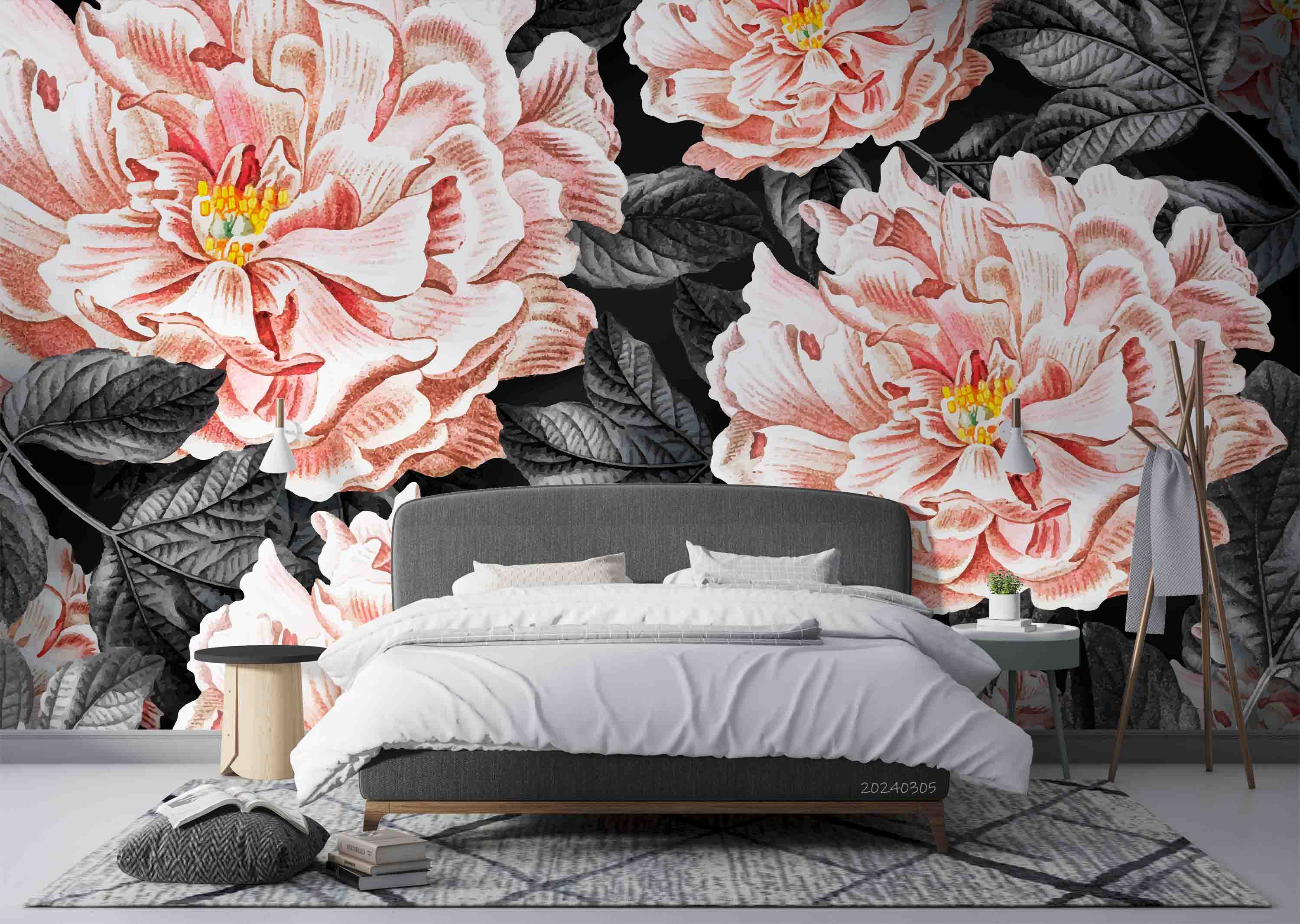 3D Pink Floral Bouquet Dark Background Wallpaper Wall Mural Wall Decor Wall Art Wall Sticker Remoable Wallpaper