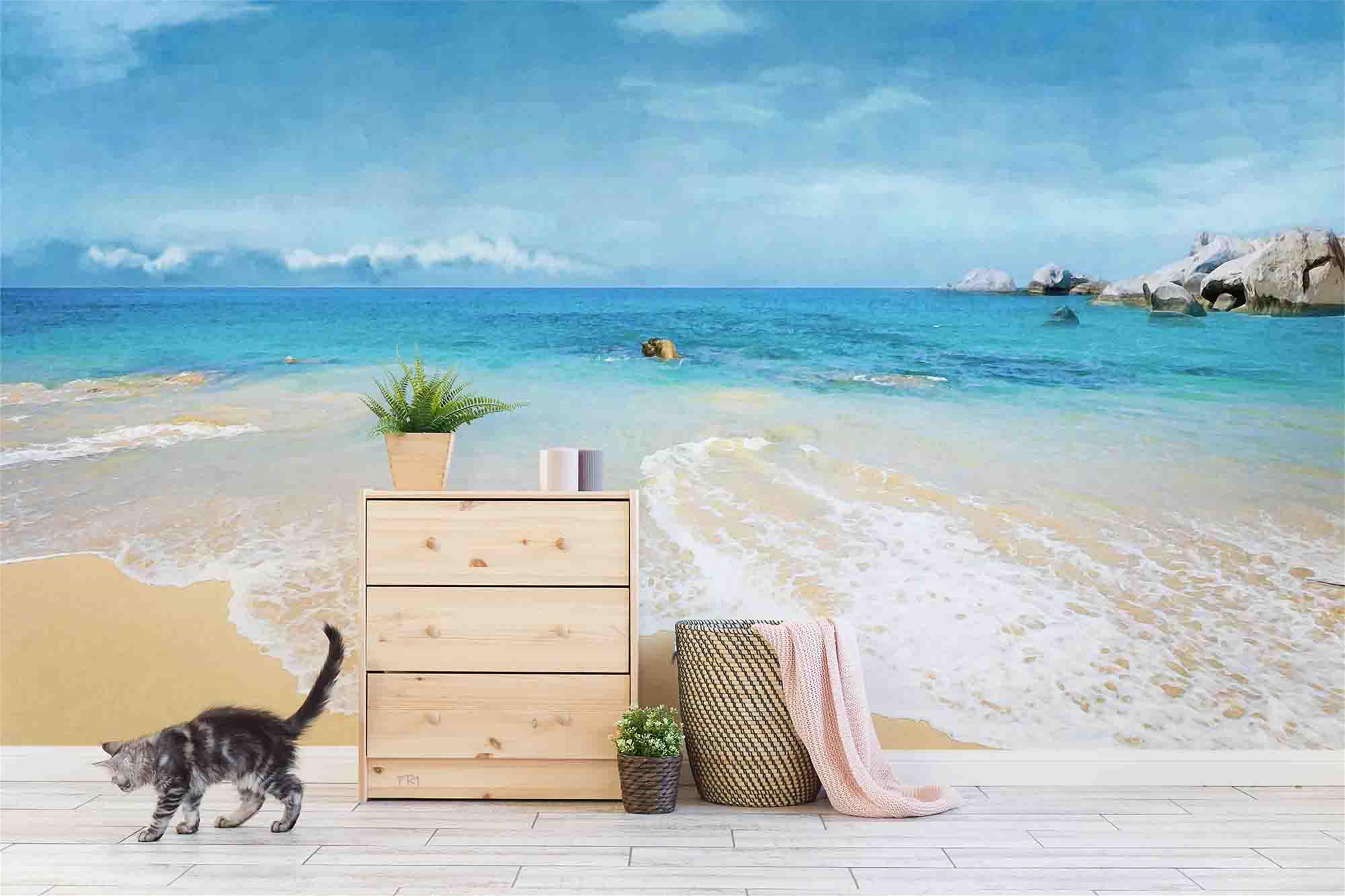 3D Sandbeach Sea Mountain Bluesky Cloud Wall Mural Wallpaper YXL 2678