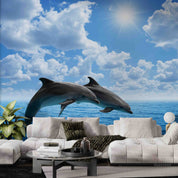 3D Jumping Dolphins Couple Blue Sea Sky White Clouds Wall Mural Wallpaper GD 5043- Jess Art Decoration