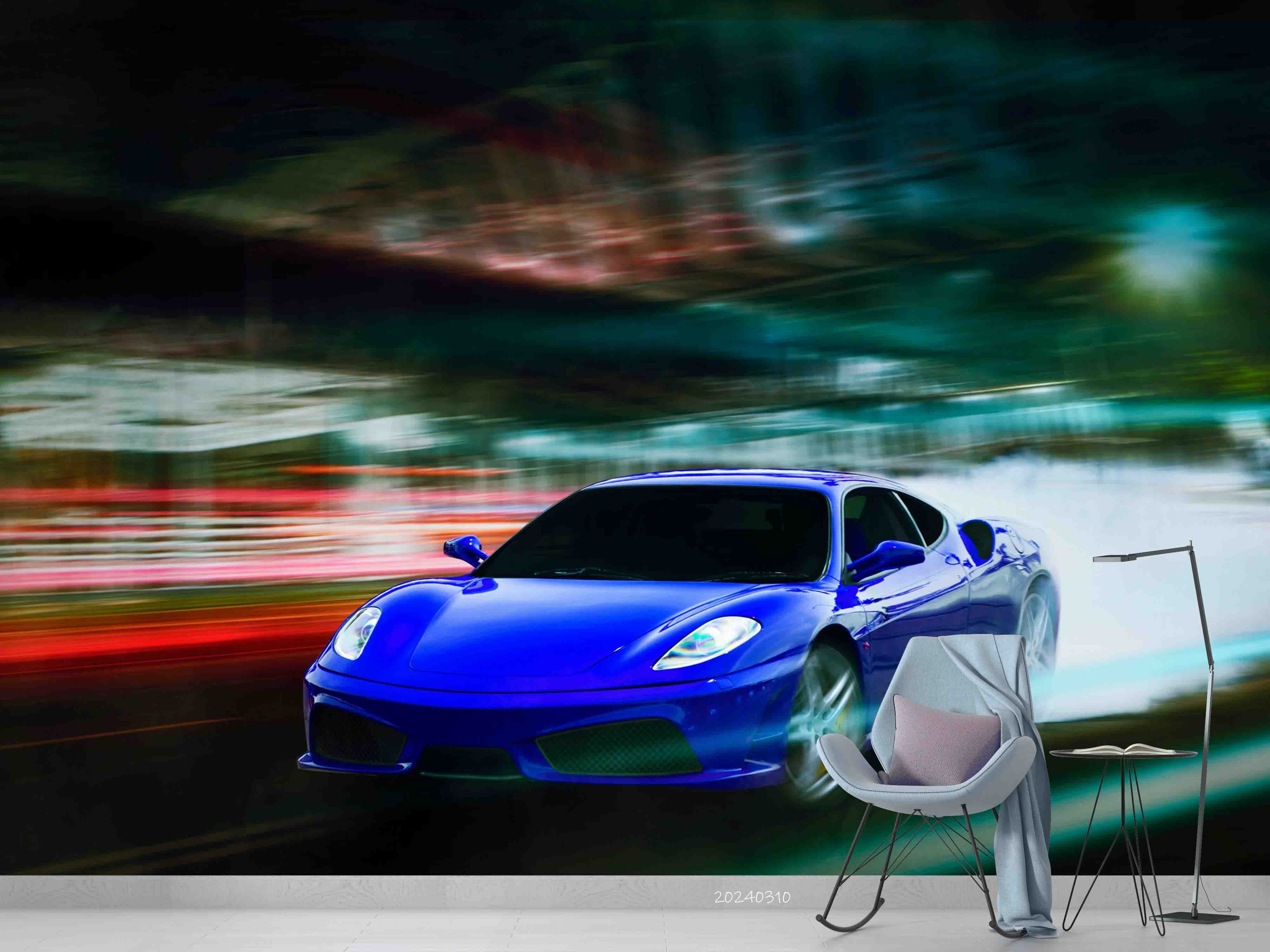 3D Blue Sports Car Wallpaper Wall Mural Wall Decor Wall Art Wall Sticker Remoable Wallpaper