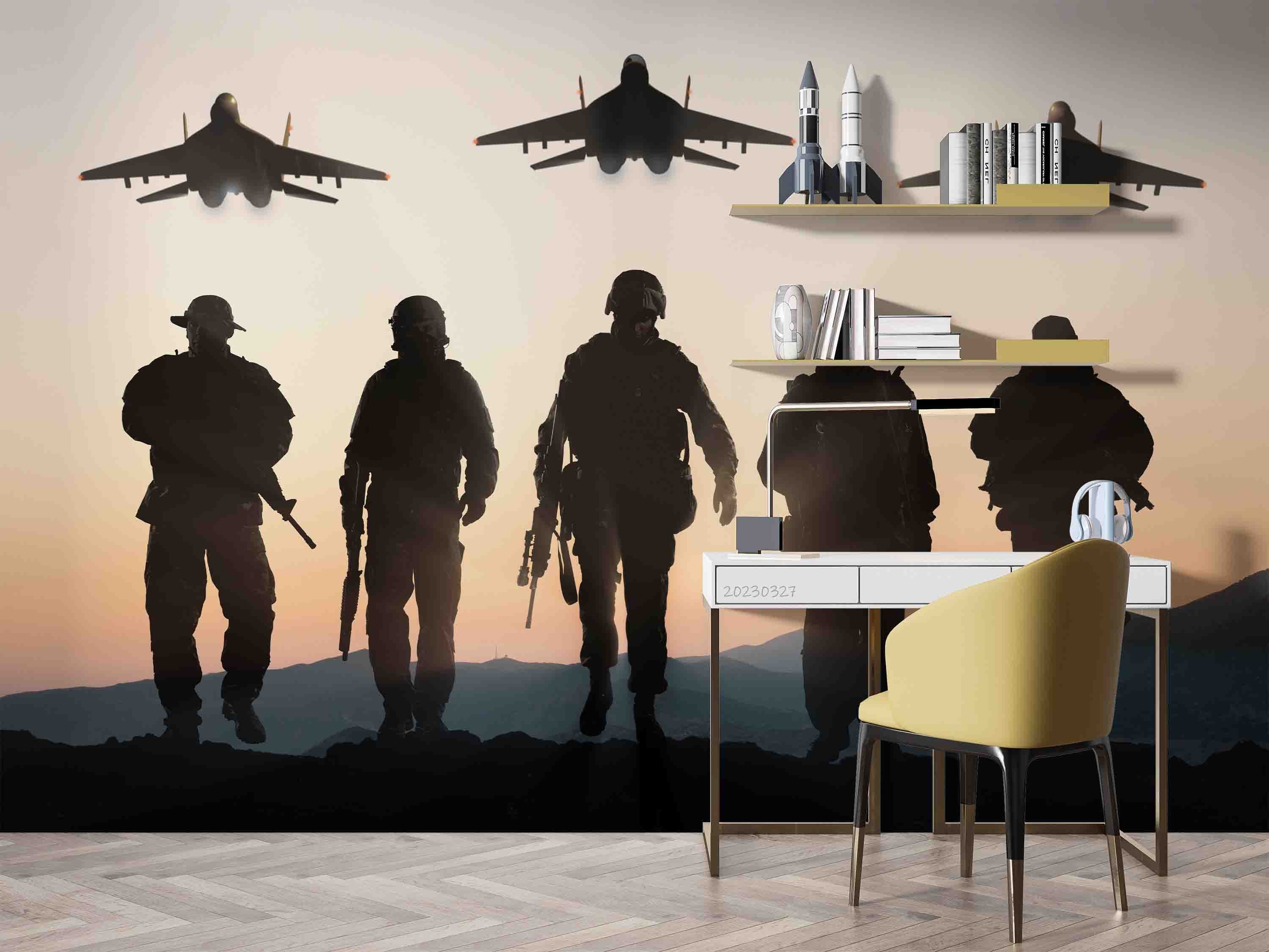 3D Soldier Air Force Sunset Sky Background Silhouette Wall Mural Wallpaper  GD 5468