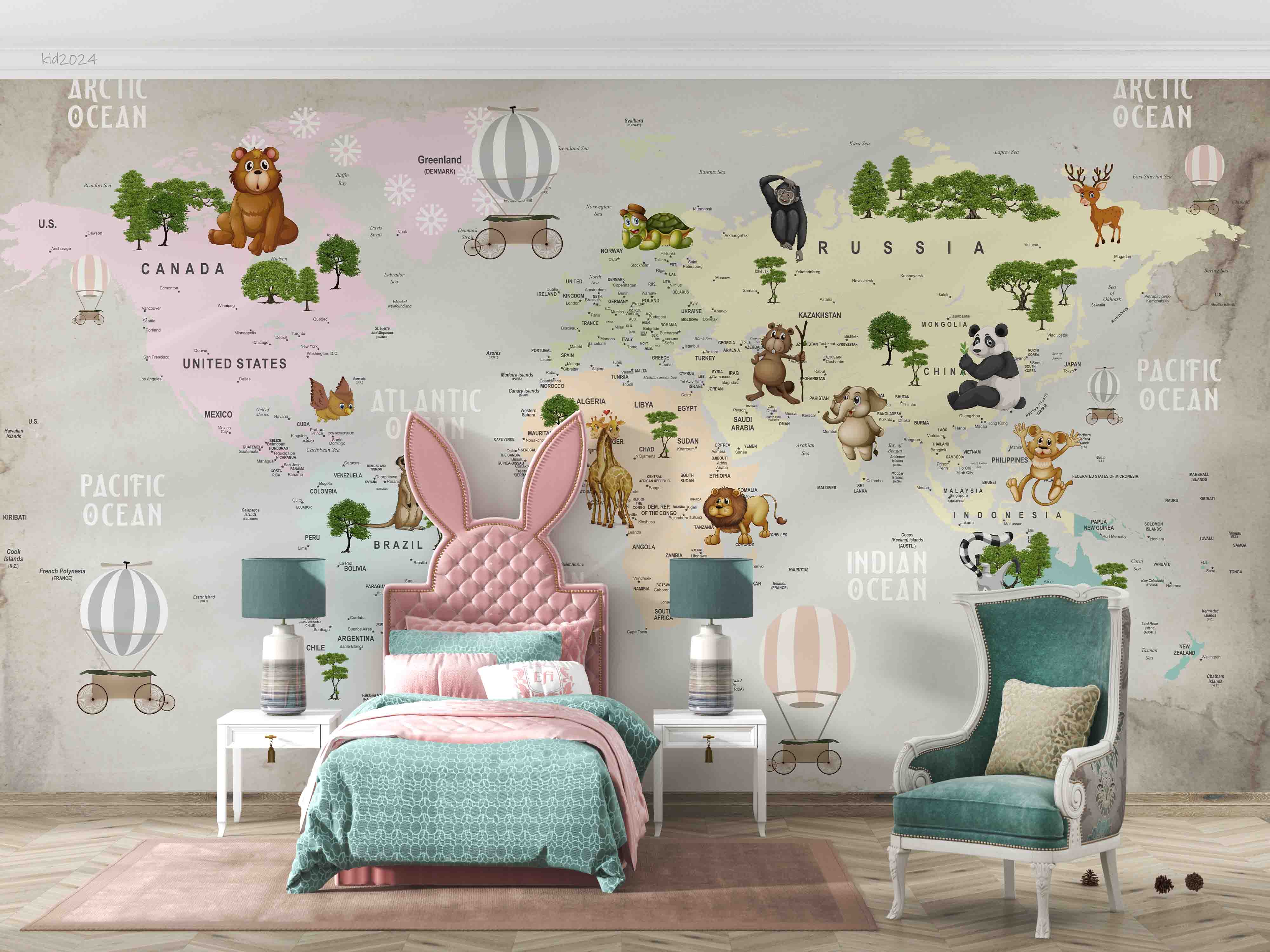 3D World Map Hydrogen Balloon Zoon Wall Mural Wallpaper YXL 356