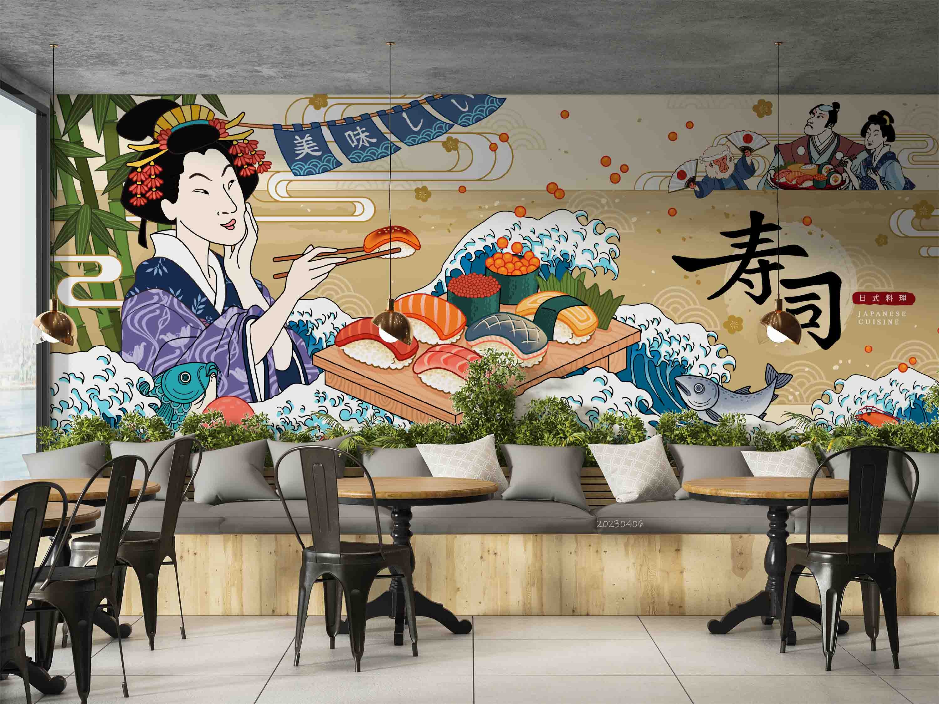 3D Japanese Geisha Wave Japanese geisha wave illustration wall mural wallpaper for dining room - view 3
