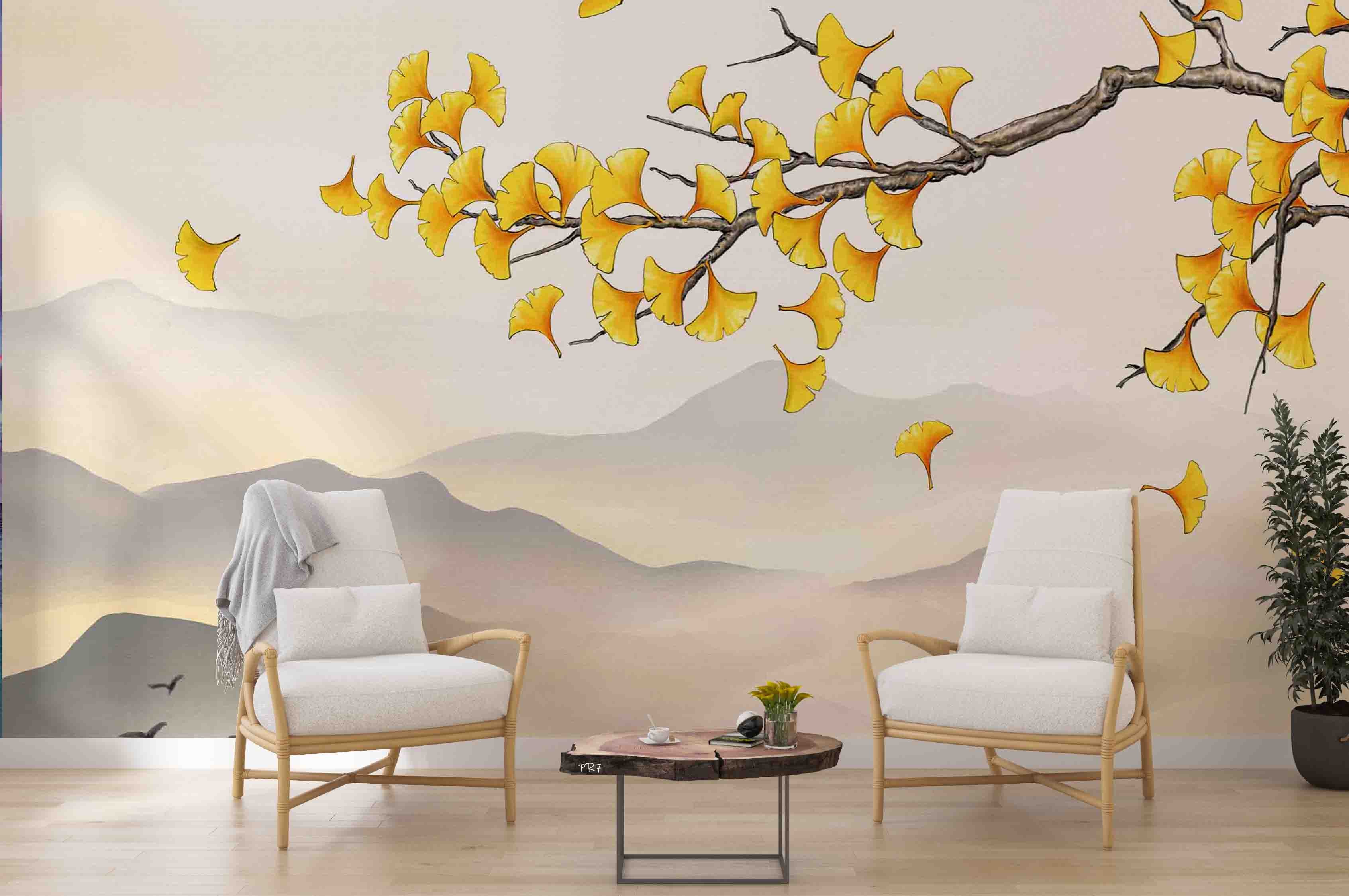 3D Autumn Mountain Branch Yellow Ginkgo Leaf Wall Mural Wallpaper GD 4434- Jess Art Decoration