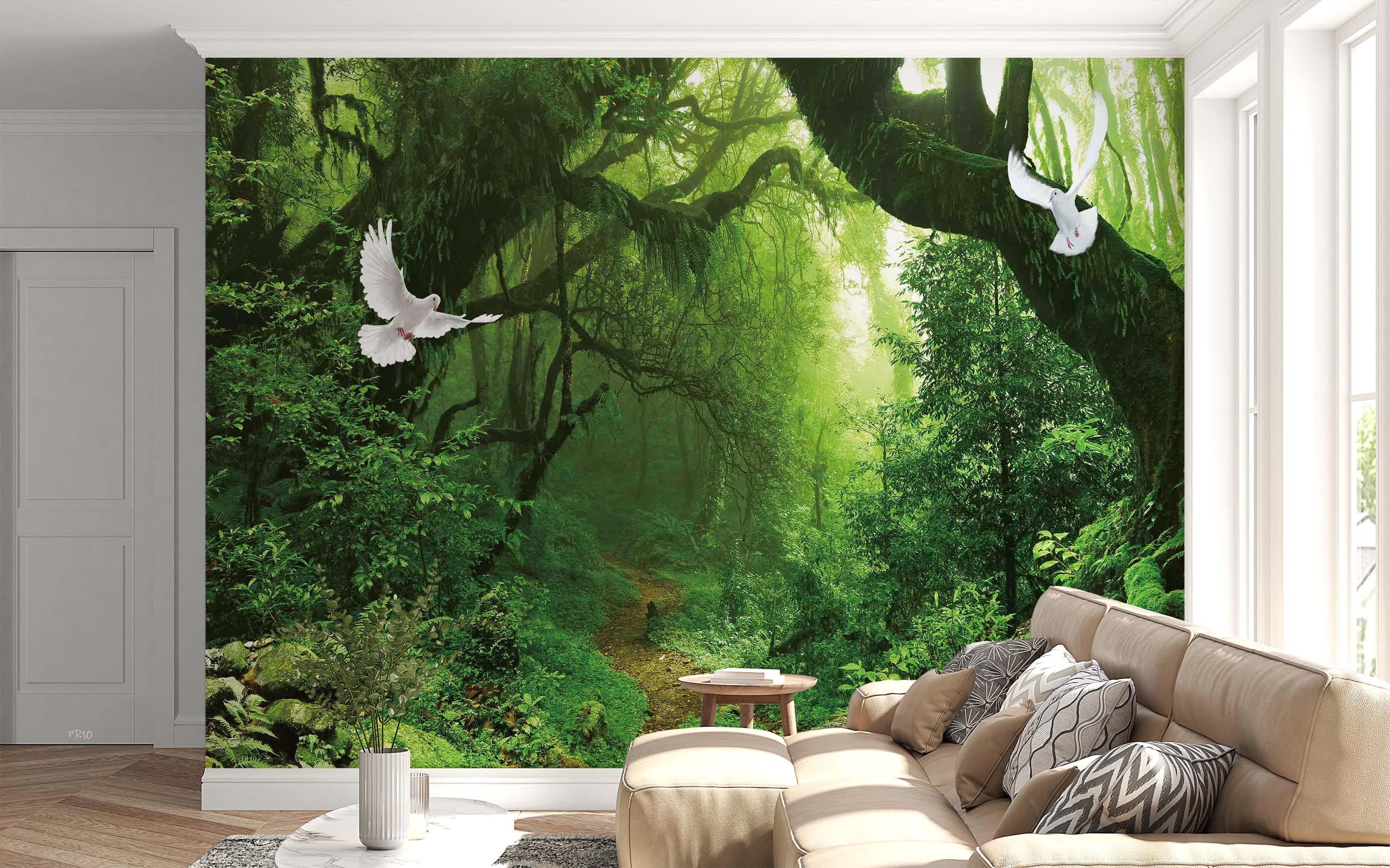 3D Forest Green Trees Path Sunshine Pigeon Wall Mural Wallpaper GD 4812- Jess Art Decoration