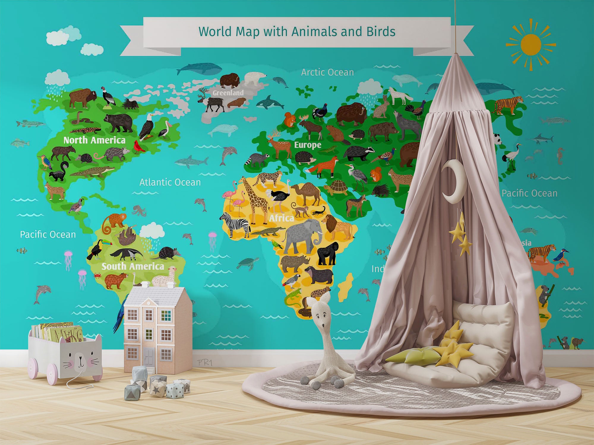 3D World Map Cartoon Animals Wall Mural Wallpaper GD 3765- Jess Art Decoration