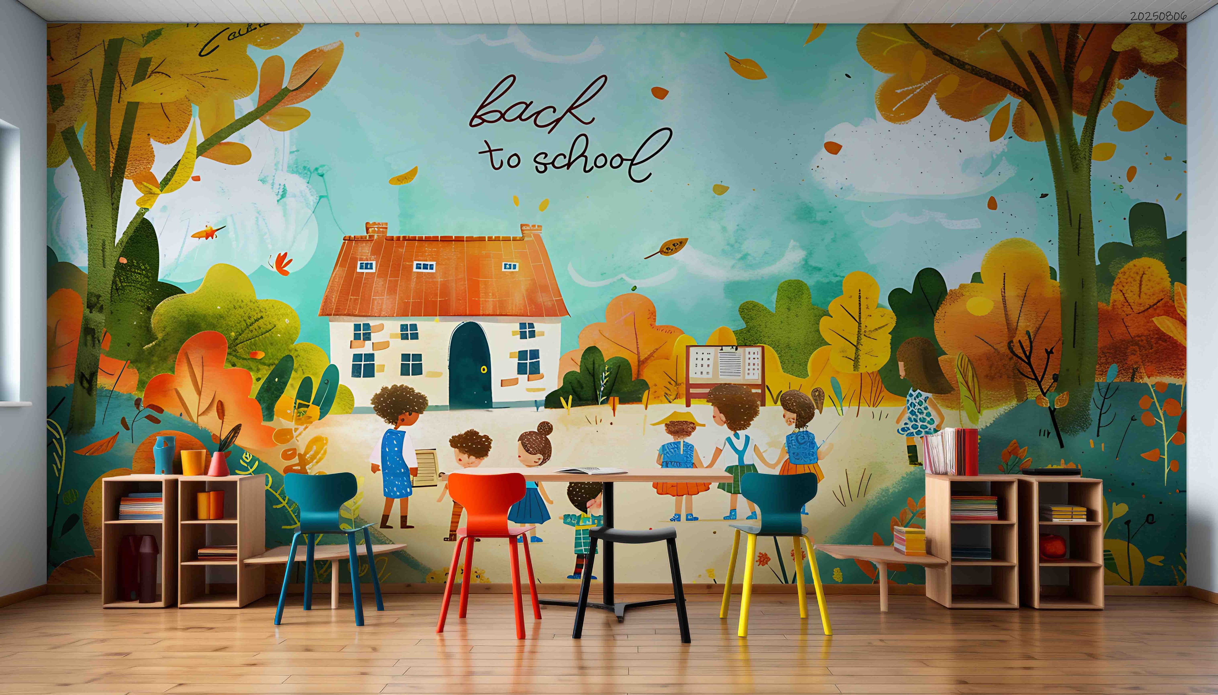 3D Childcare Nursery School Cartoon Child Schoolyard  Wall Mural Wallpaper JN