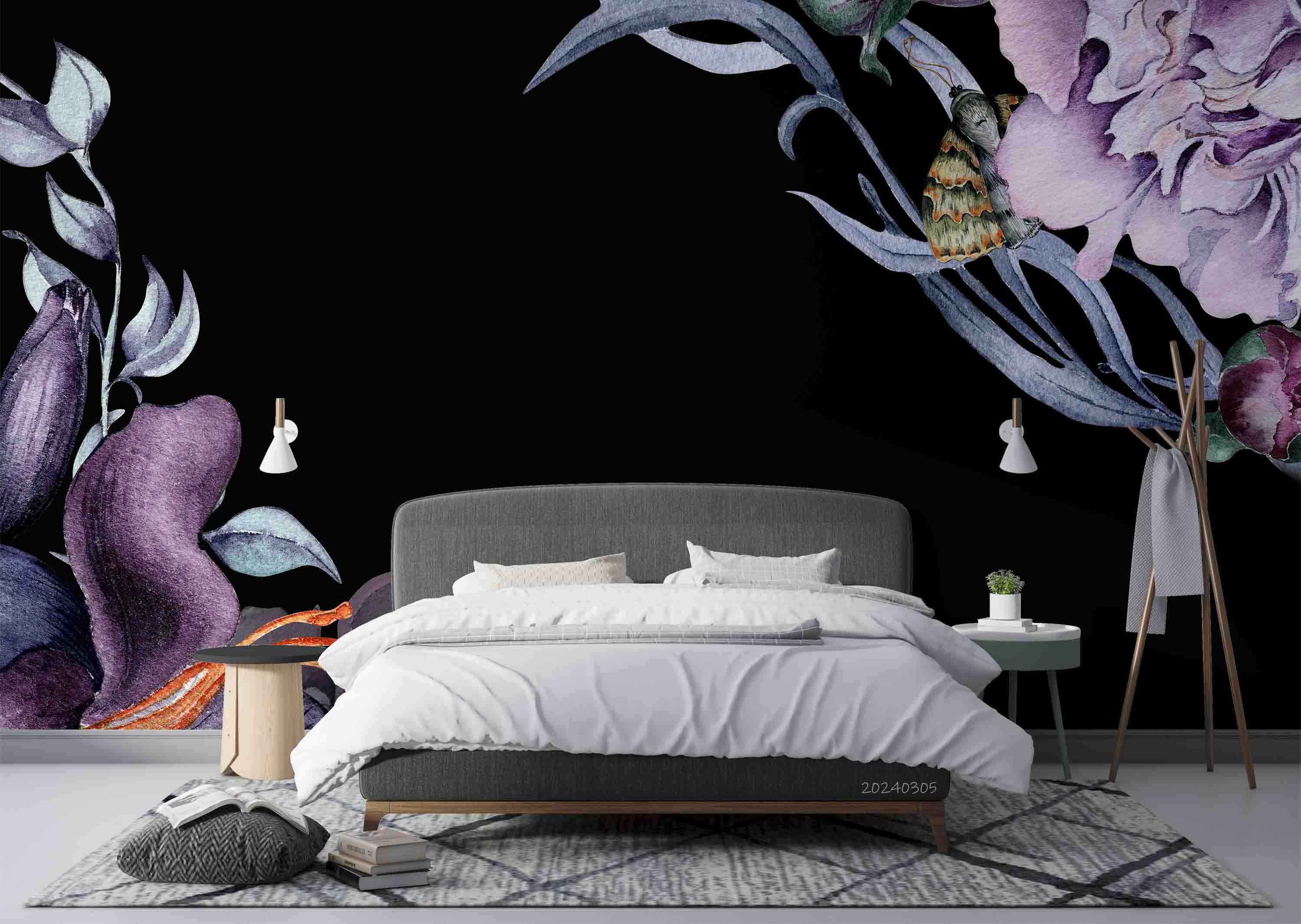 3D Purple Floral Leaves Dark Background Wallpaper Wall Mural Wall Decor Wall Art Wall Sticker Remoable Wallpaper