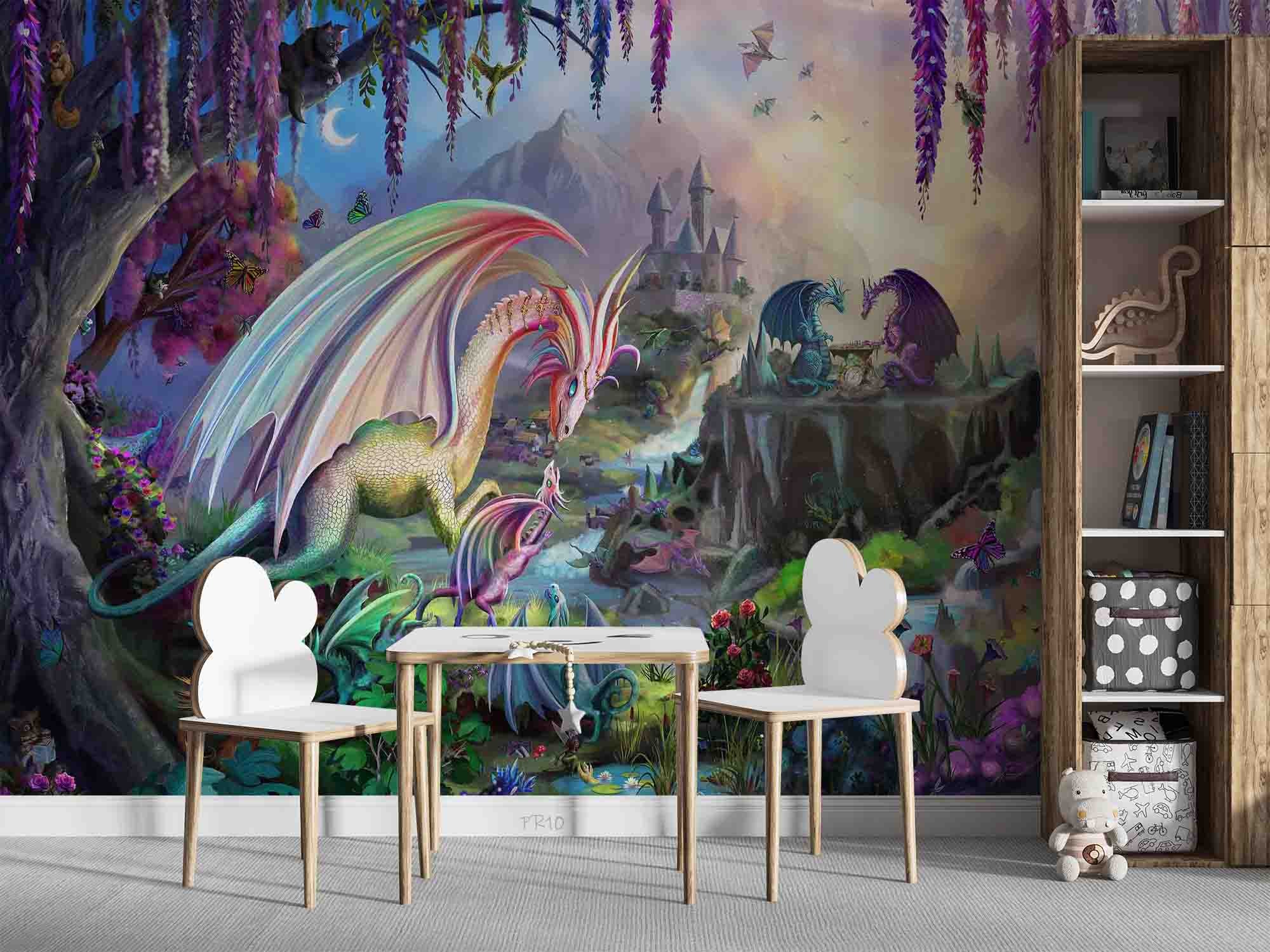 3D Fantasy Castle Plant Floral Dragon Wall Mural Wallpaper GD 4767- Jess Art Decoration