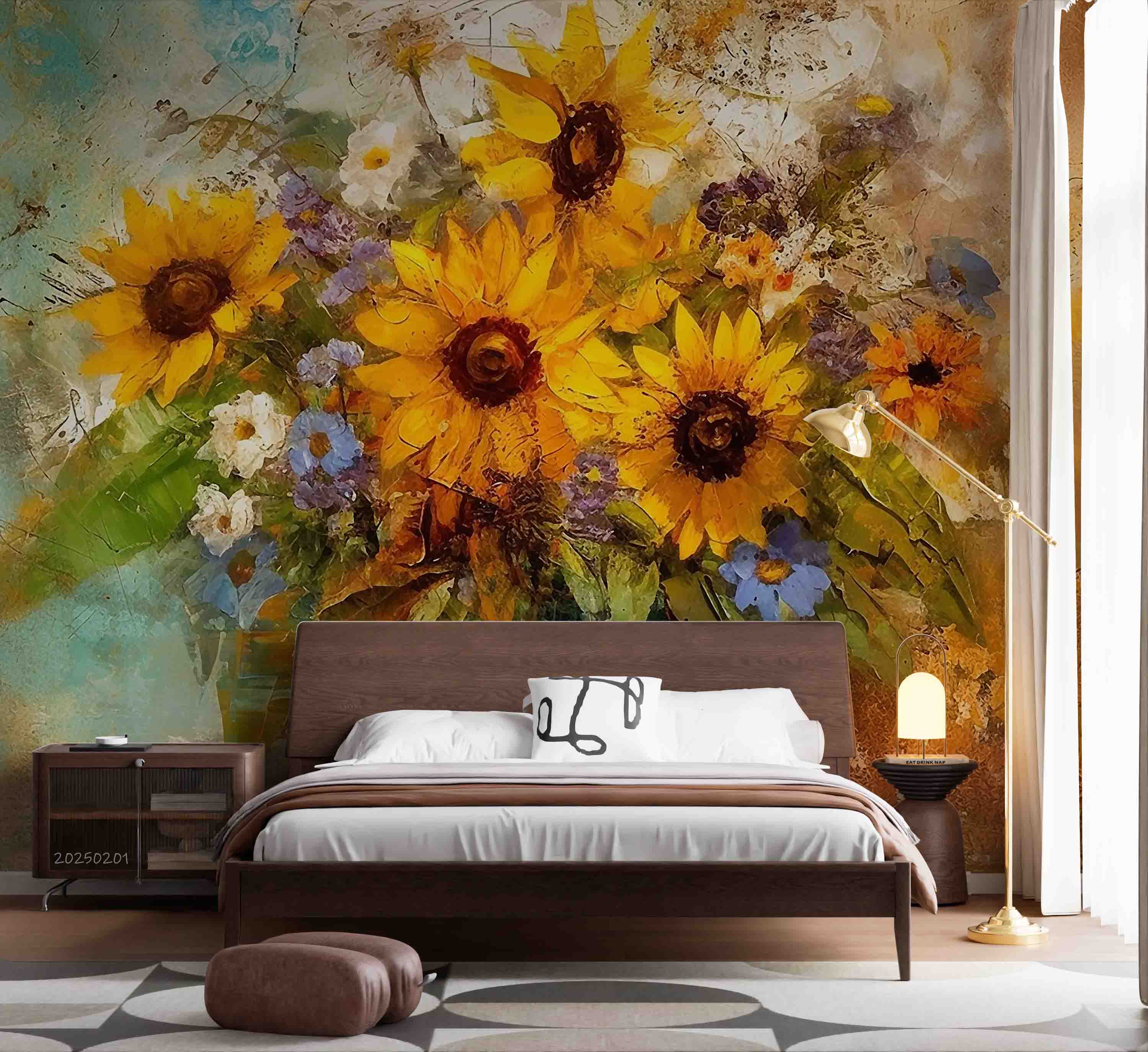 3D Yellow Sunflower Flower Oil Painting Wallpaper Wall Mural Wall Decor Wall Art Wall Sticker Remoable Wallpaper LQH 40