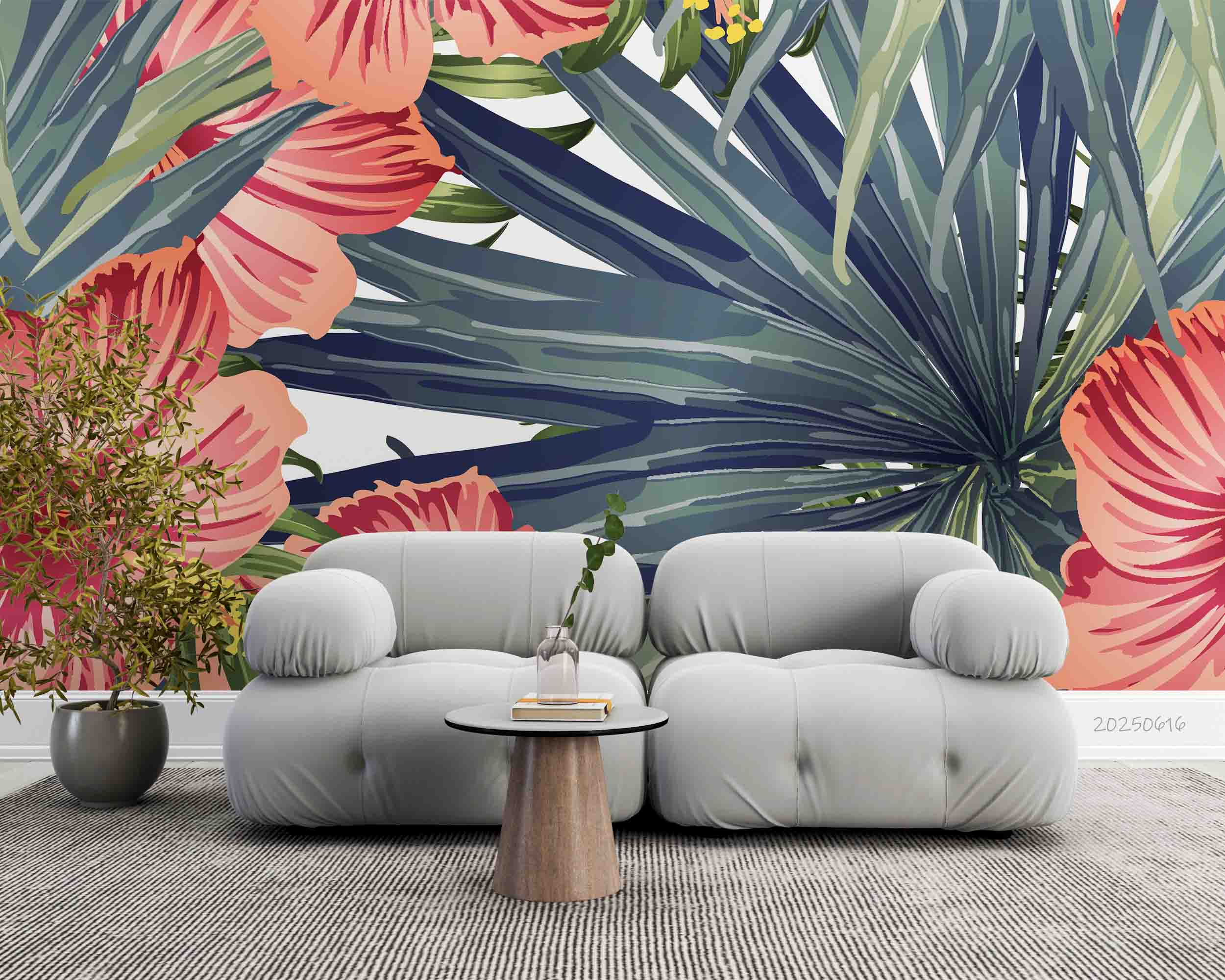 3D Tropical Pink Flowers Palm Leaves Wallpaper Wall Mural Wall Decor Wall Art Wall Sticker Remoable Wallpaper 25