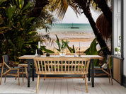 3D Tropical Beach Sea Waves Boat Coconut Trees Wall Mural Wallpaper GD 3179- Jess Art Decoration