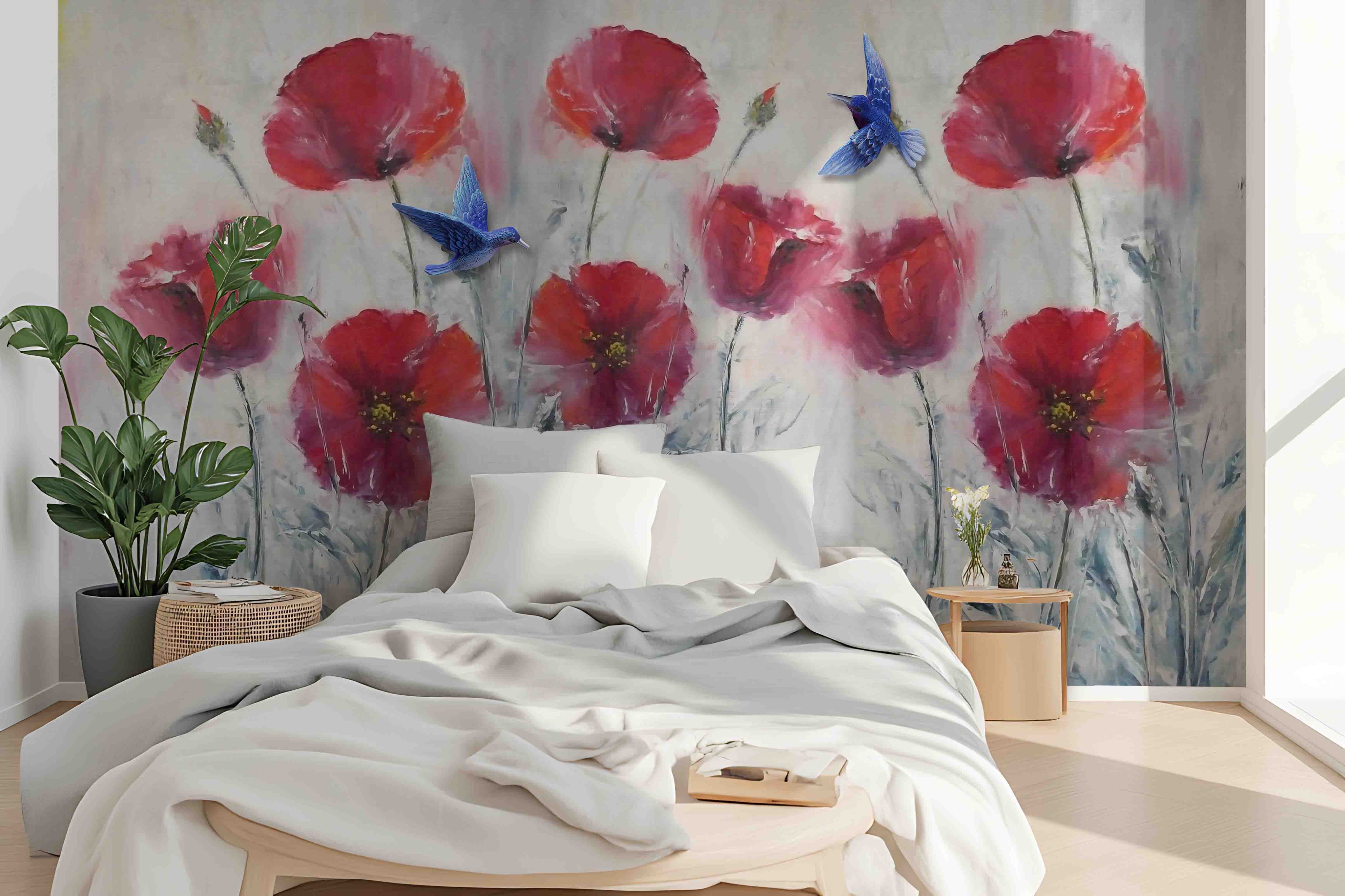3D Vintage Red Poppy vintage red flower painting wall mural wallpaper for bedroom