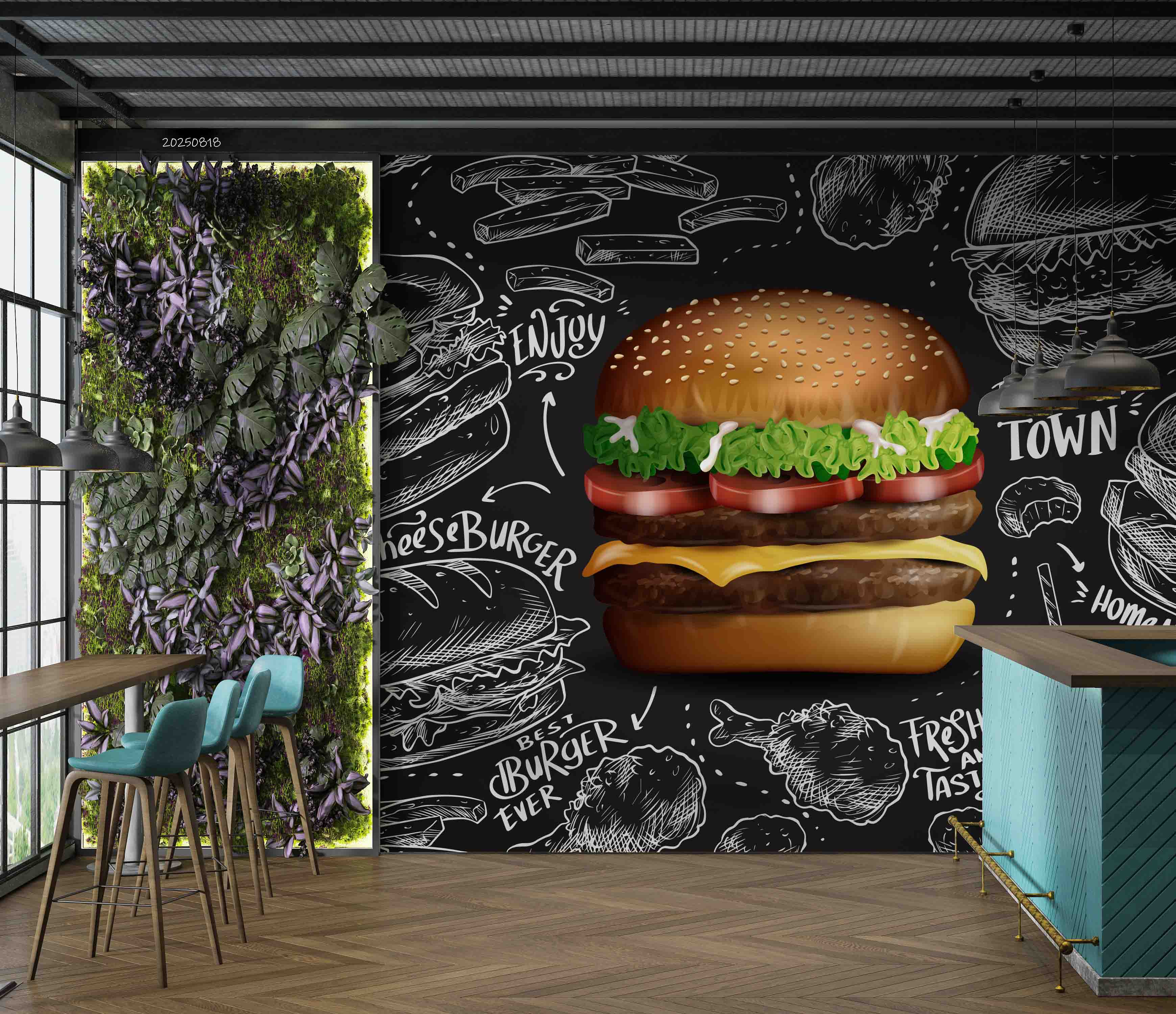 3D Restaurant Snack Bar Diner Fast Food Hamburger Cips Fried Chicken Wall Mural Wallpaper 2