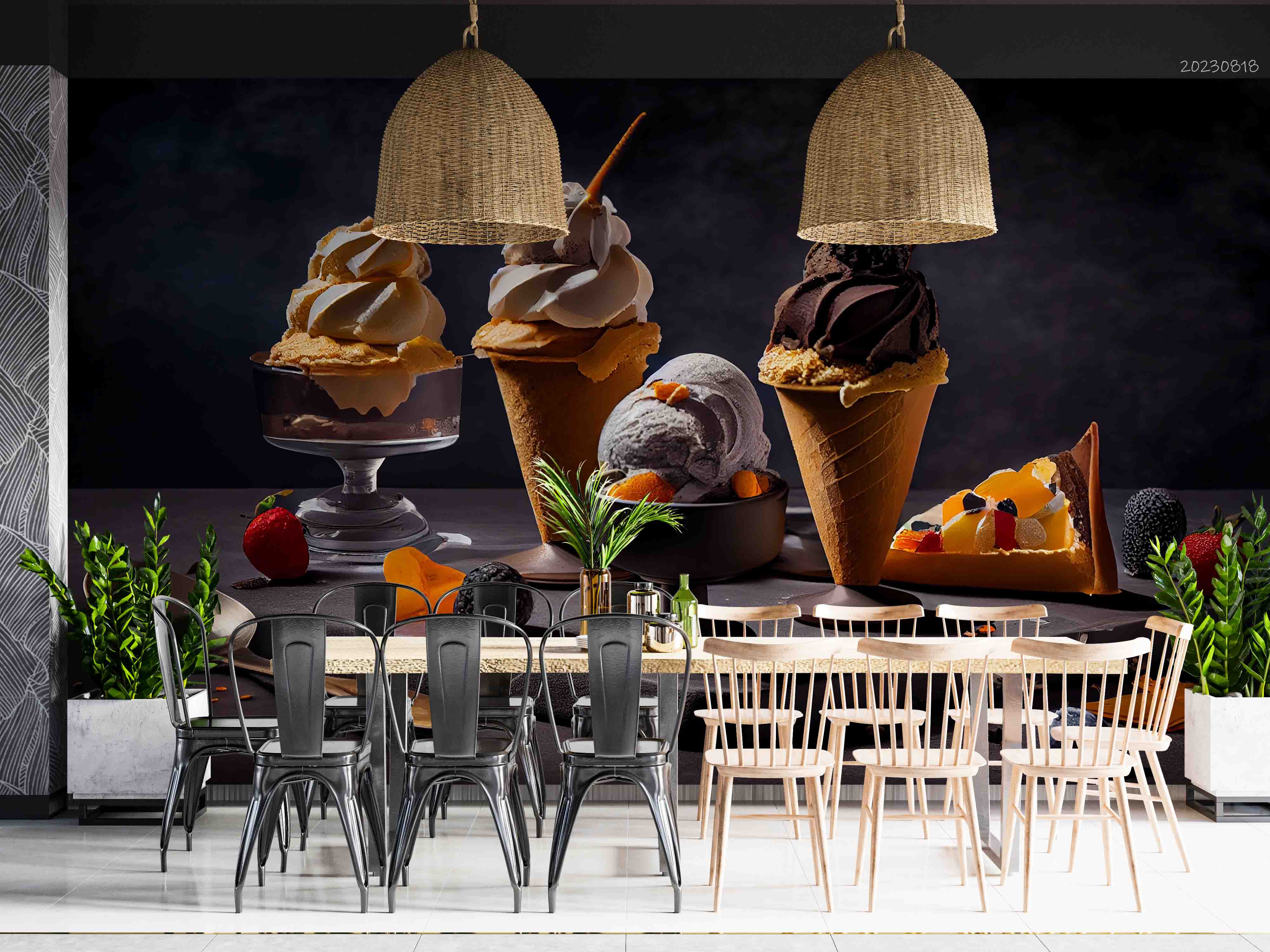 3D Ice Cream Black Cup Spoon Wall Mural Wallpaper YXL 2293