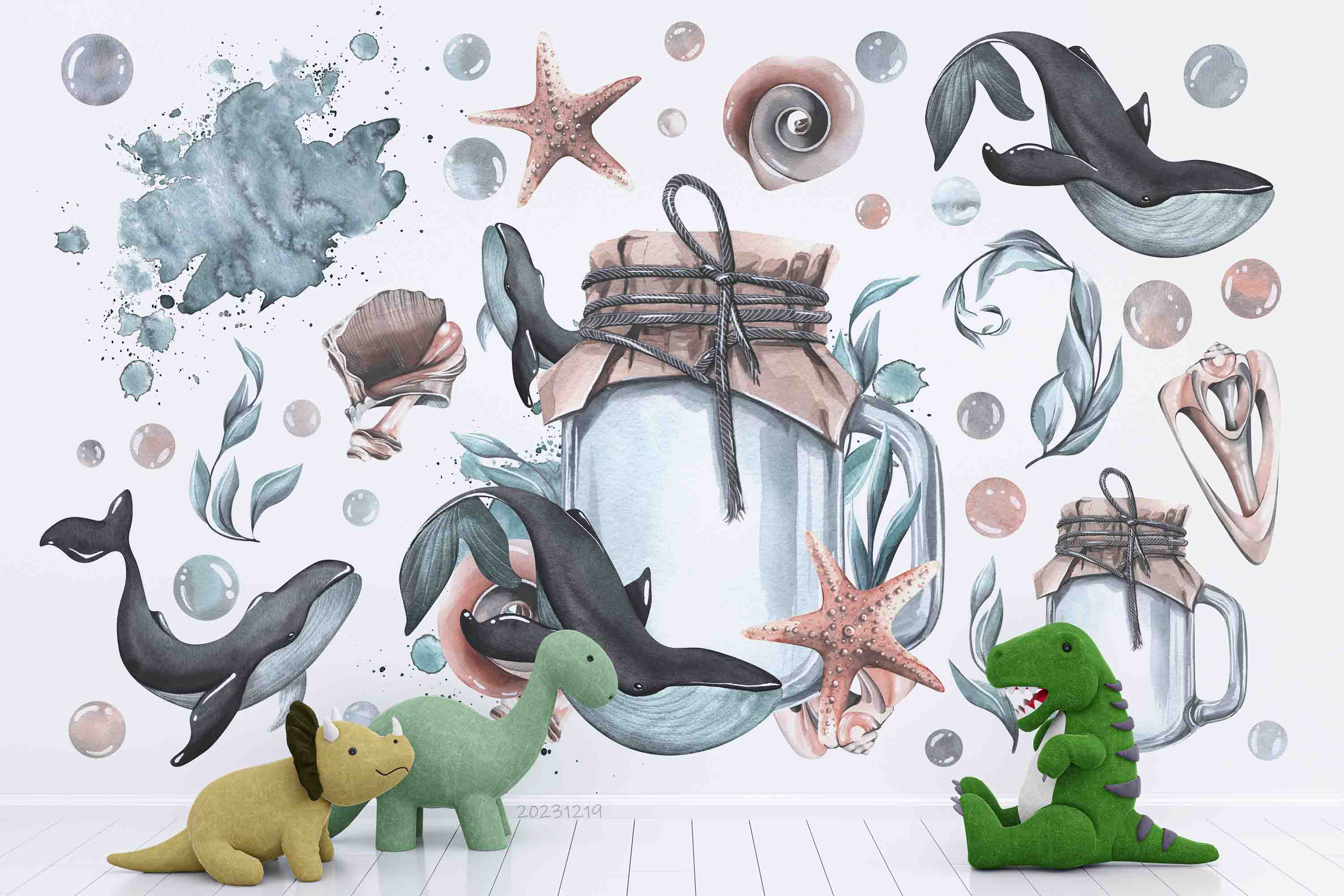 3D Animal Whale Sea Drift Bottle Starfish Coral Wall Mural Wallpaper YXL 13