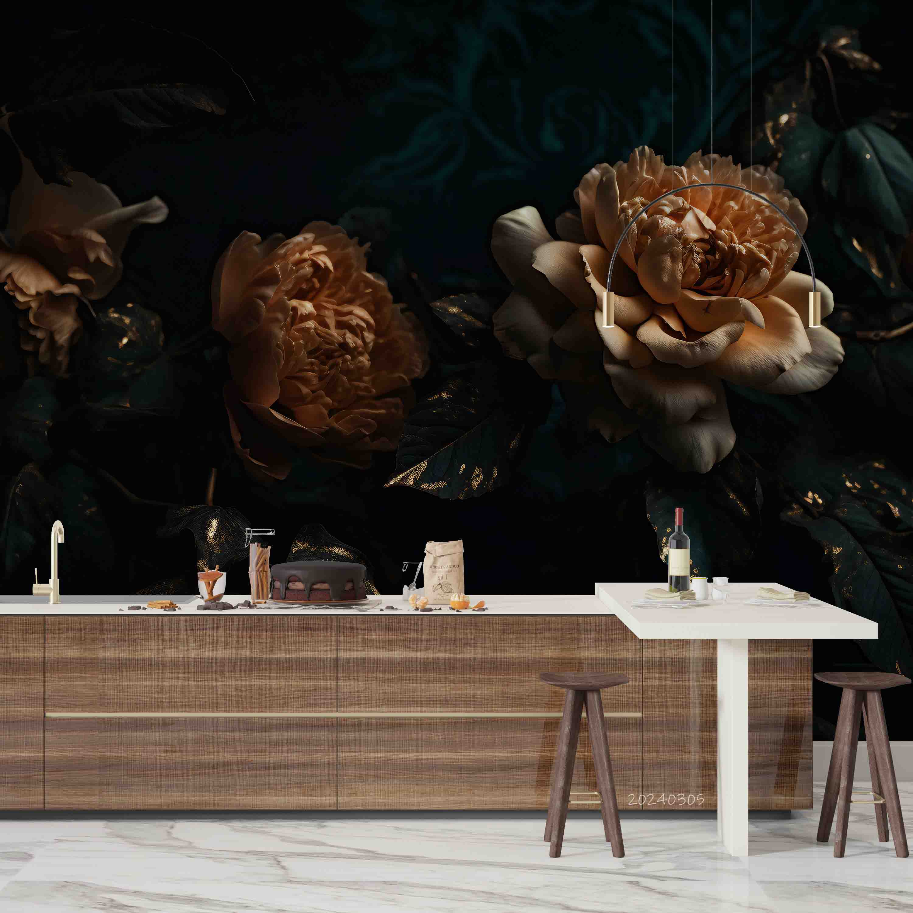 3D Orange Floral Bouquet Dark Background Wallpaper Wall Mural Wall Decor Wall Art Wall Sticker Remoable Wallpaper