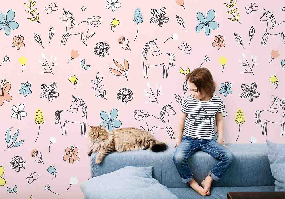 3D Painting Unicorn Floral Leaf Butterfly Wall Mural Wallpaper GD 3693- Jess Art Decoration