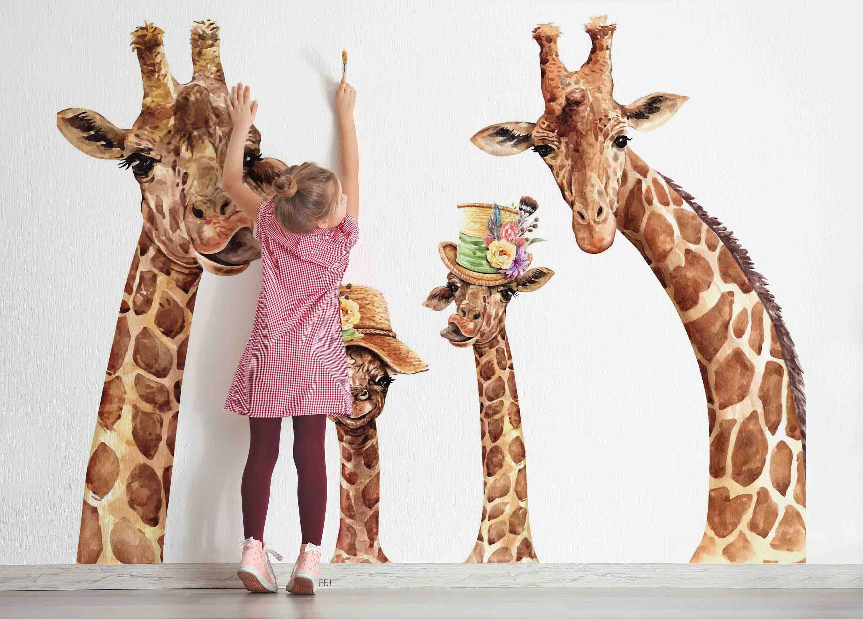 3D Animal Giraffe Cap Floral Wall Mural Wallpaper YXL 2682