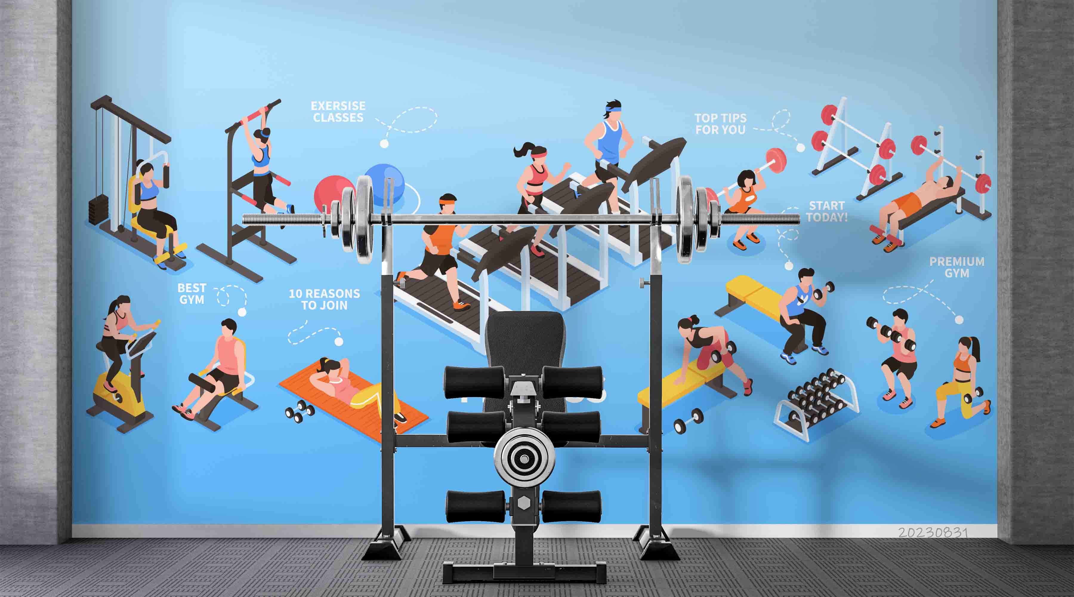 3D Gym Bike Treadmill Horizontal Bar Dumbbell Wall Mural Wallpaper YXL 2393