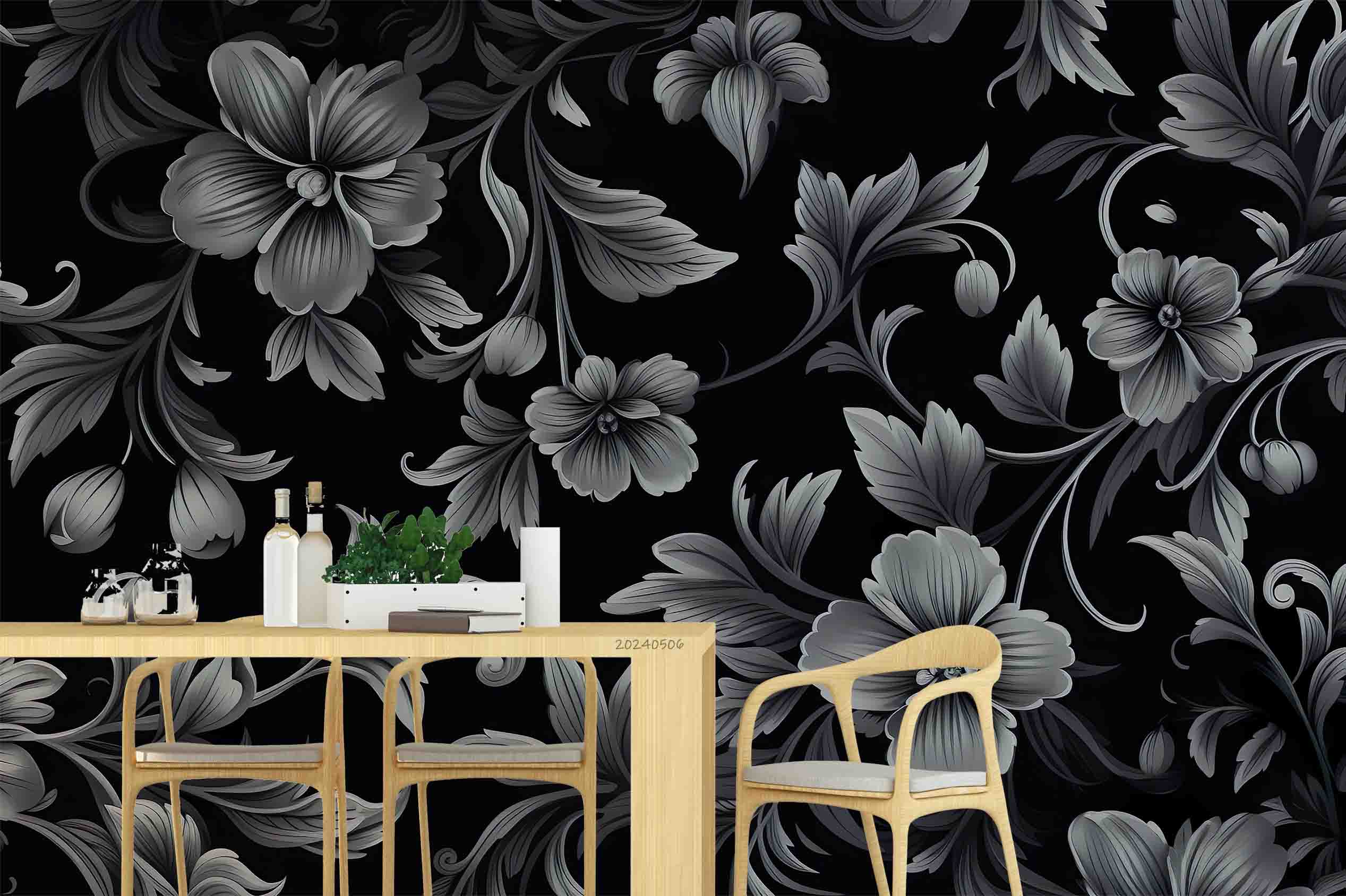 3D Black Floral Background Wallpaper Wall Mural Wall Decor Wall Art Wall Sticker Remoable Wallpaper