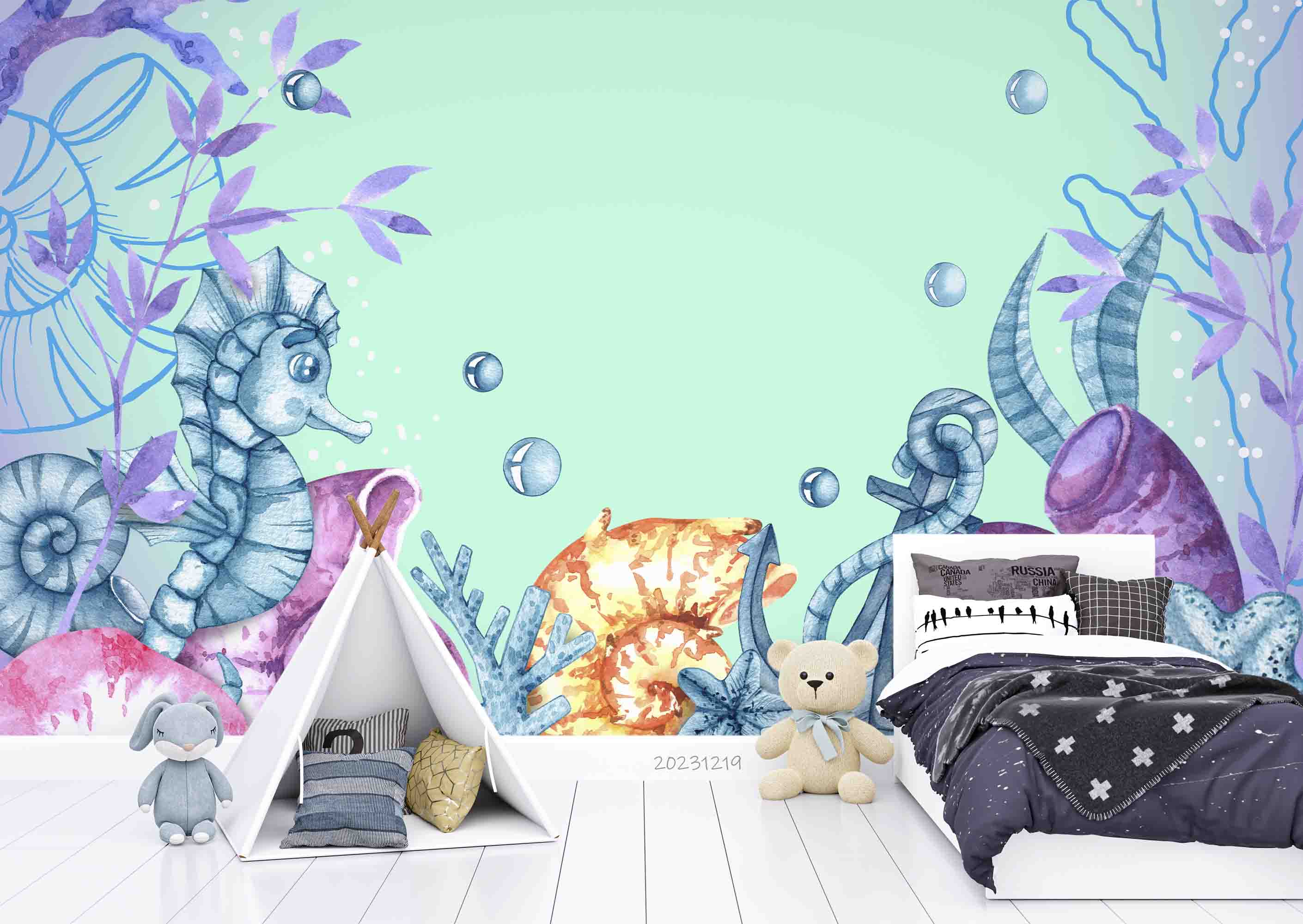 3D Animal Sea Sea Horse Conch Starfish Bubble Wall Mural Wallpaper YXL 55