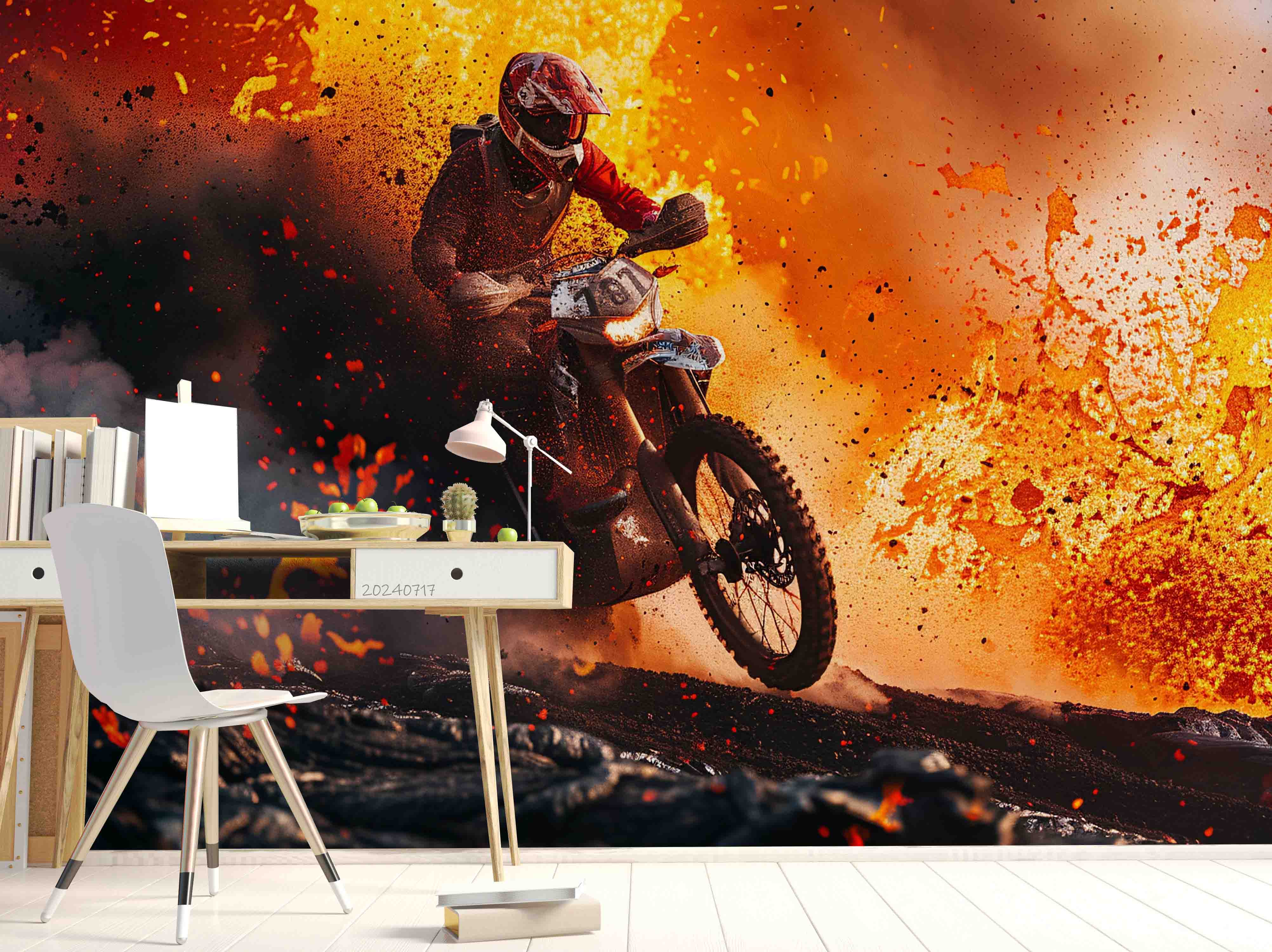 3D Volcano Person Motorbike Fog Wall Mural Wallpaper YXL 78