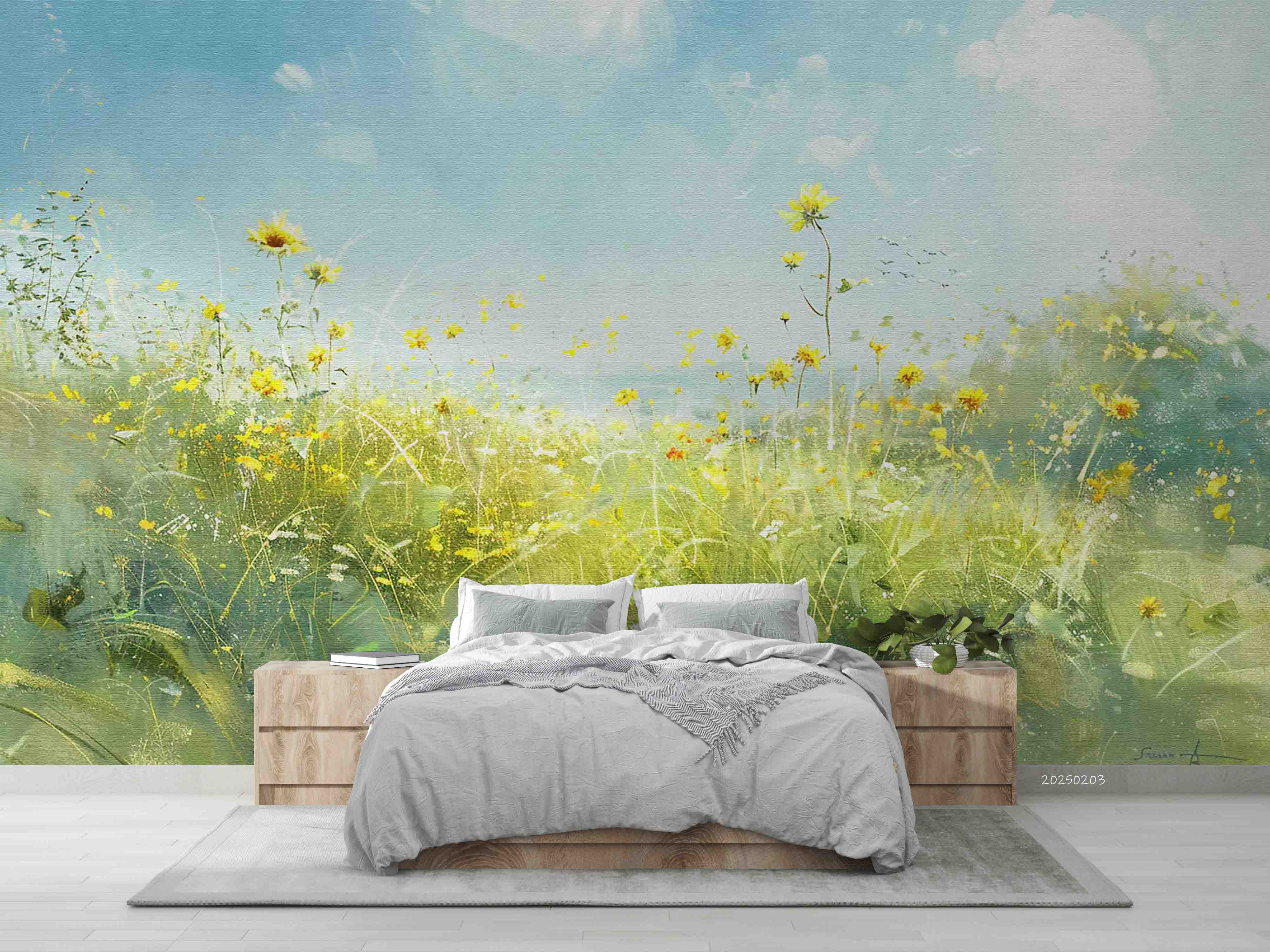 3D Blue Sky Flowers Grass Landscape Oil Painting Wallpaper Wall Mural Wall Decor Wall Art Wall Sticker Remoable Wallpaper LQH 1 1