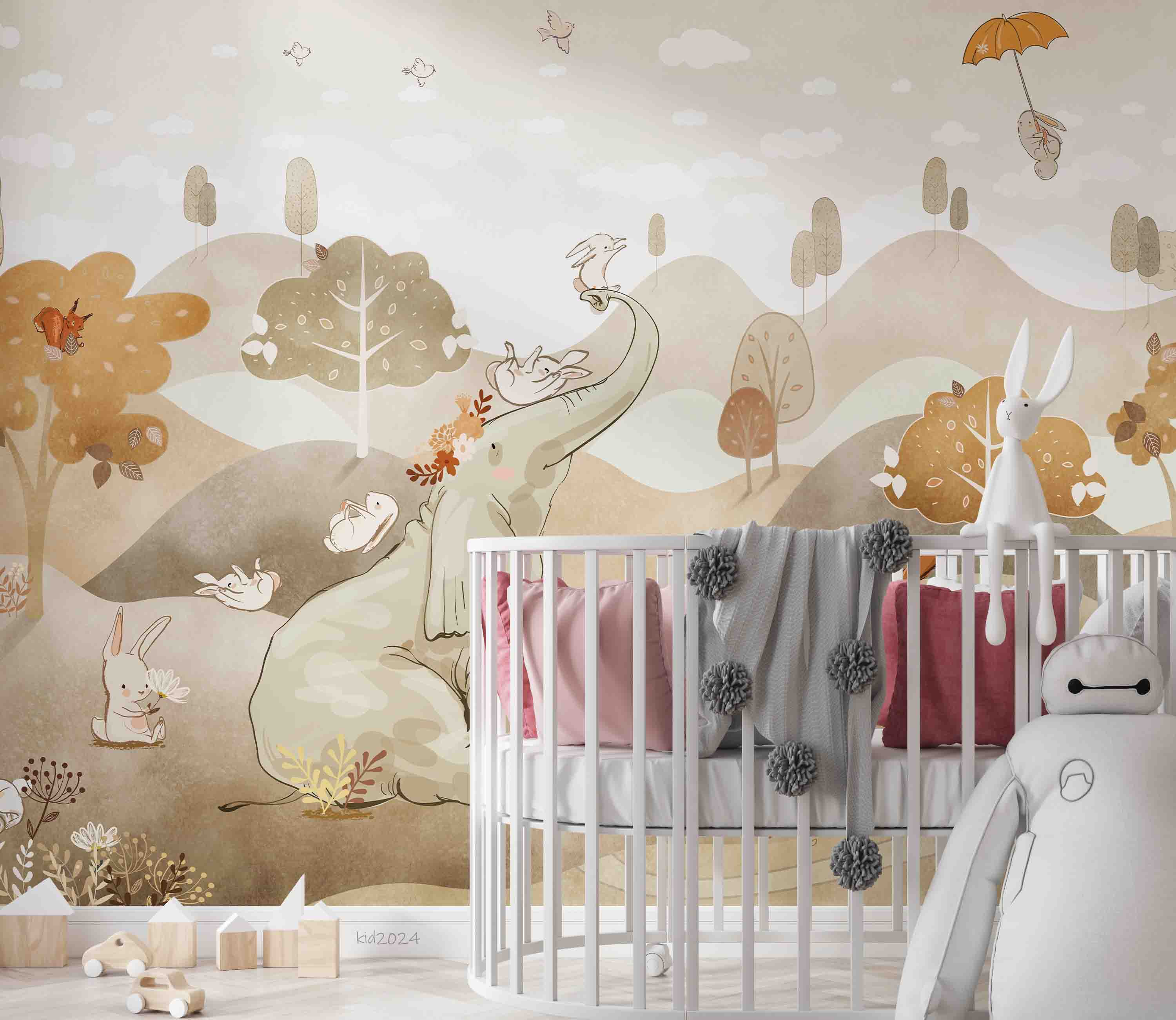 3D Tree Elephant Rabbit Fox Mountain Cloud Wall Mural Wallpaper YXL 380