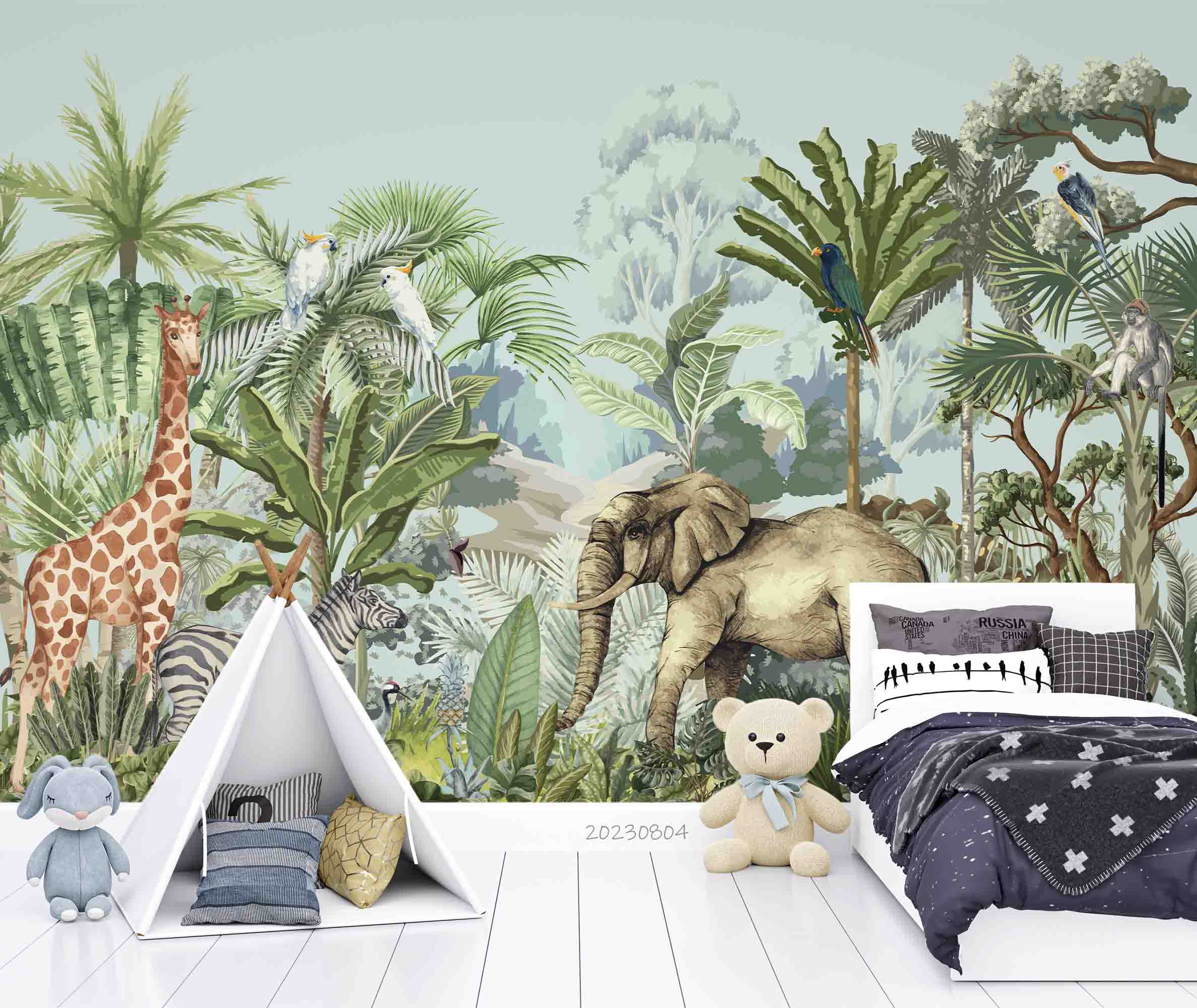 3D Animal Tree Parrot Elephant Giraffe Zebra Monkey Wall Mural Wallpaper YXL 2550