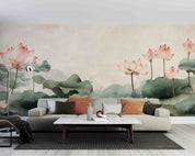 3D Hand Drawn Pink Lotus Green Leaves Wallpaper Wall Mural Wall Decor Wall Art Wall Sticker Remoable Wallpaper 42