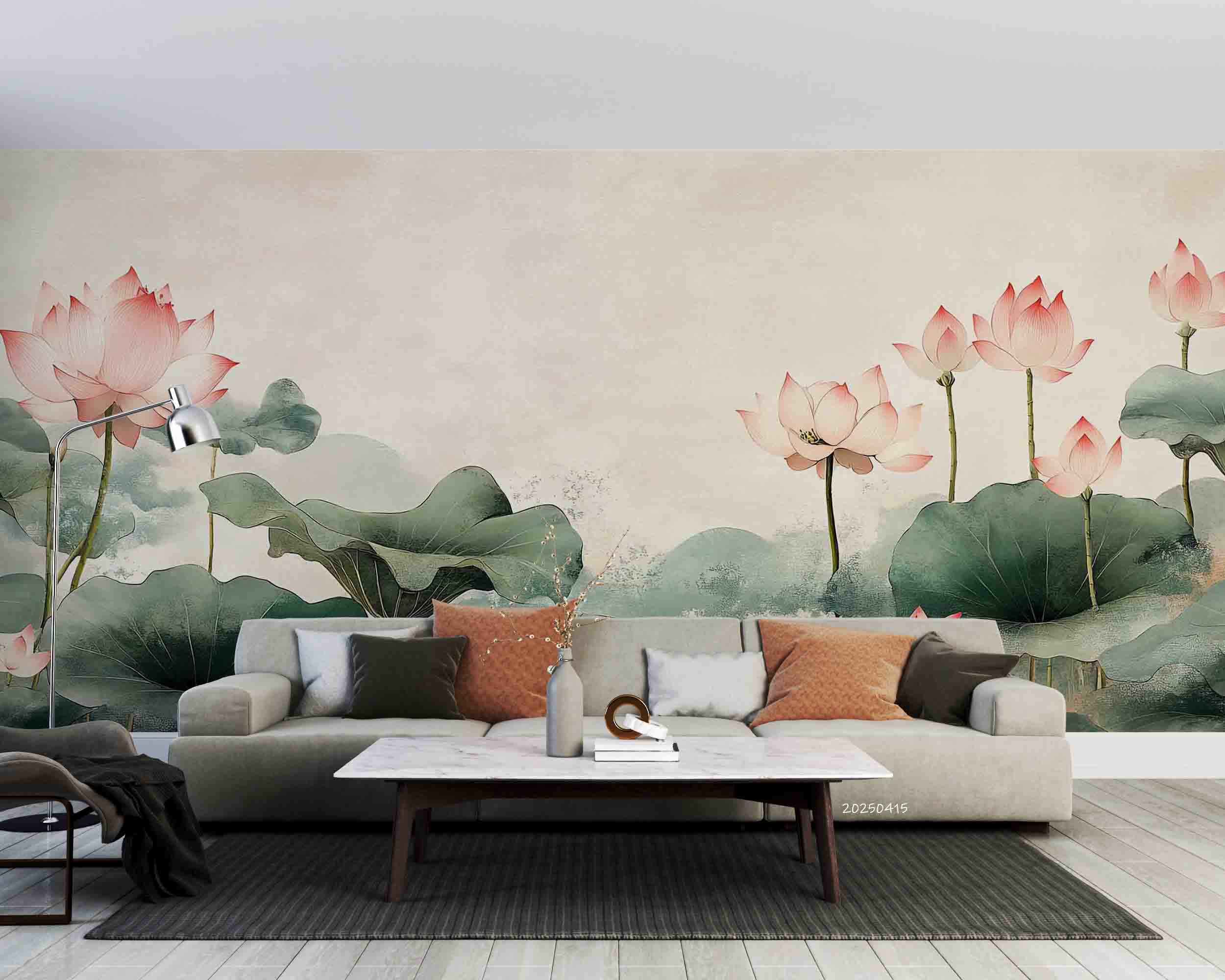 3D Hand Drawn Pink Lotus Green Leaves Wallpaper Wall Mural Wall Decor Wall Art Wall Sticker Remoable Wallpaper 42
