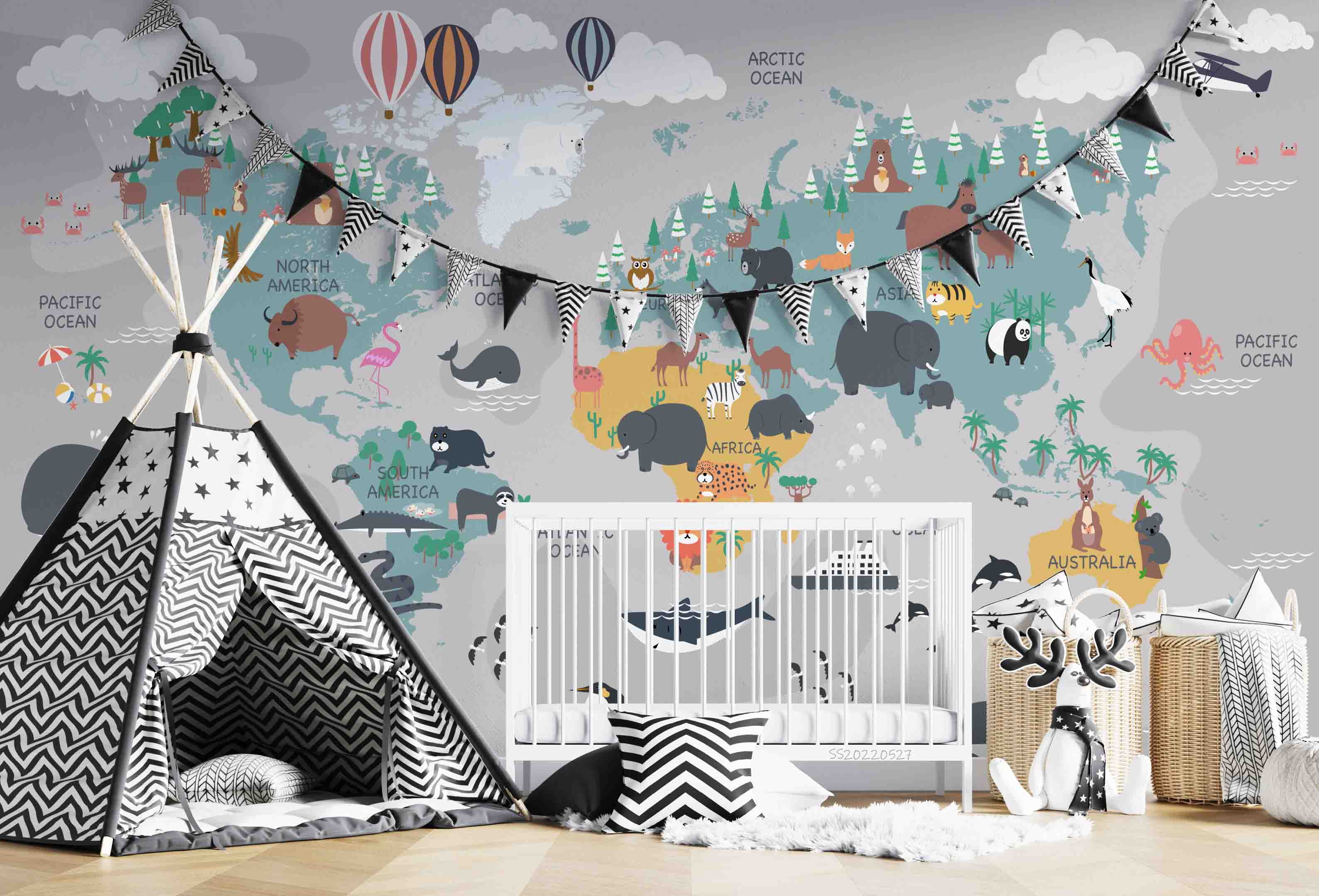3D World Map Cartoon Animal Plant Hot Air Balloon Kids Wall Mural Wallpaper GD 4161- Jess Art Decoration