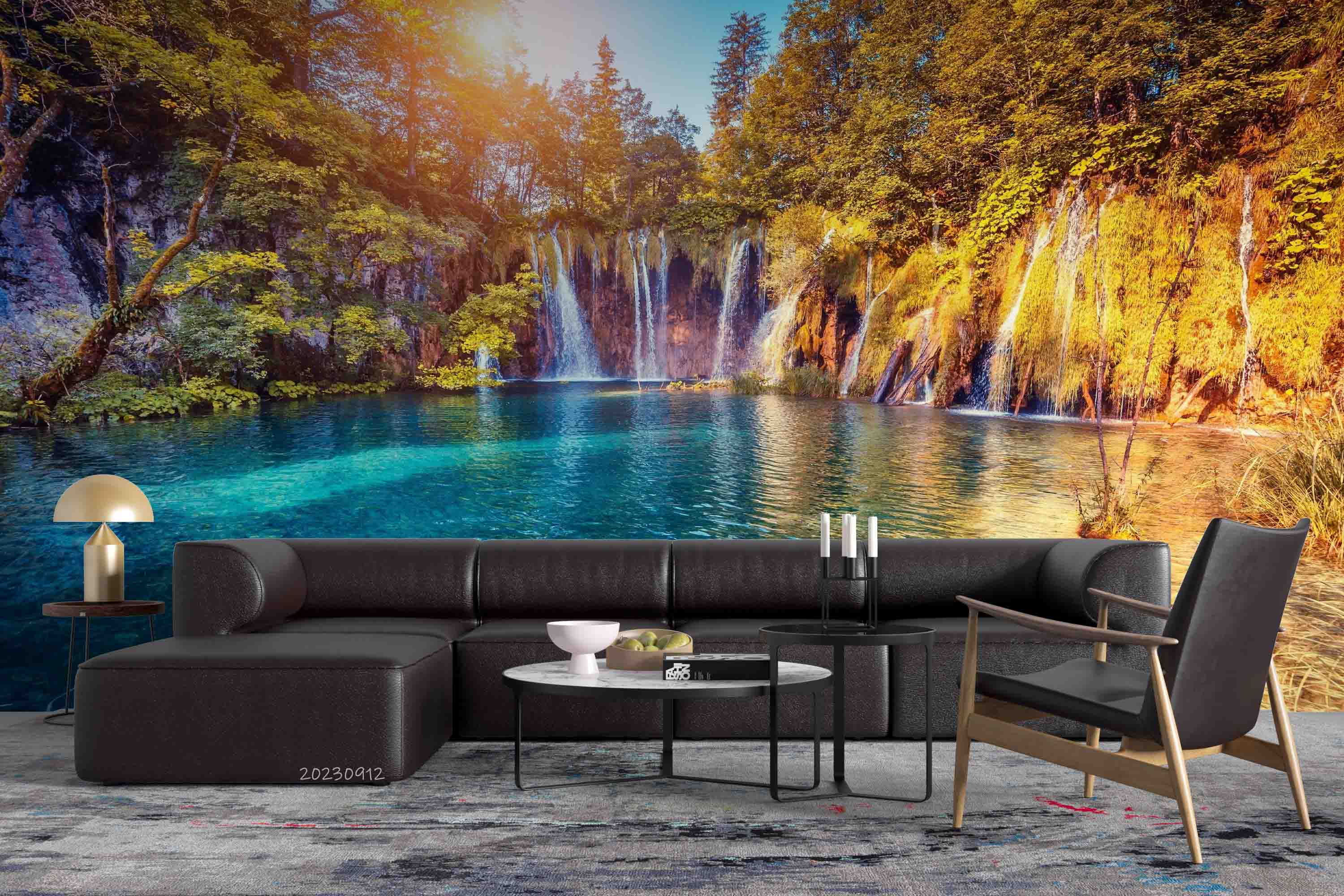 3D Mountain Tree Sunlight Sea Waterfall Wall Mural Wallpaper YXL 2624