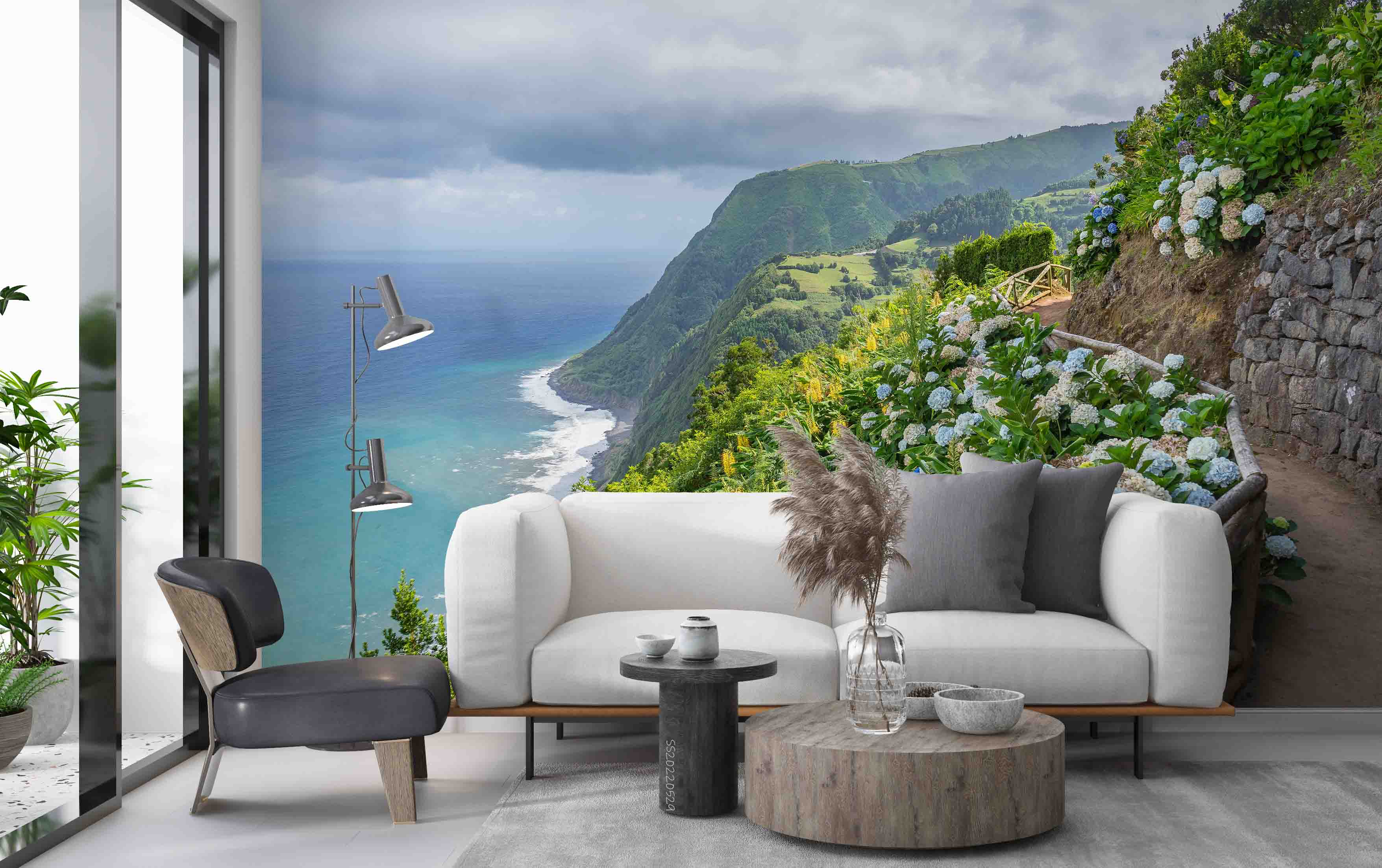 3D Coastal Trail Hydrangea Hill Dark Clouds Azores Portugal Wall Mural Wallpaper GD 4369- Jess Art Decoration