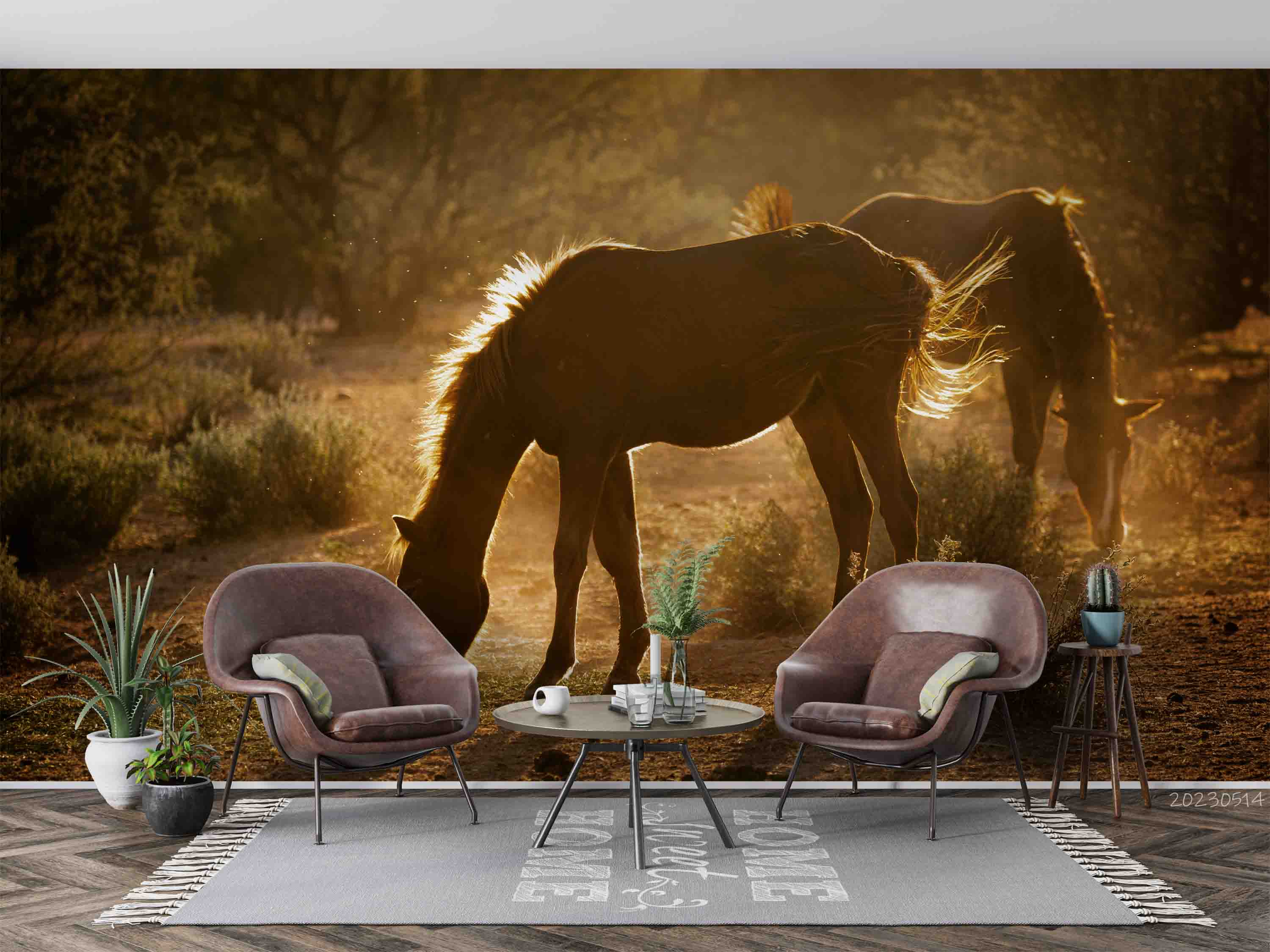 3D Morning Sun Meadow Mustang Arizona Wall Mural Wallpaper GD 5374- Jess Art Decoration