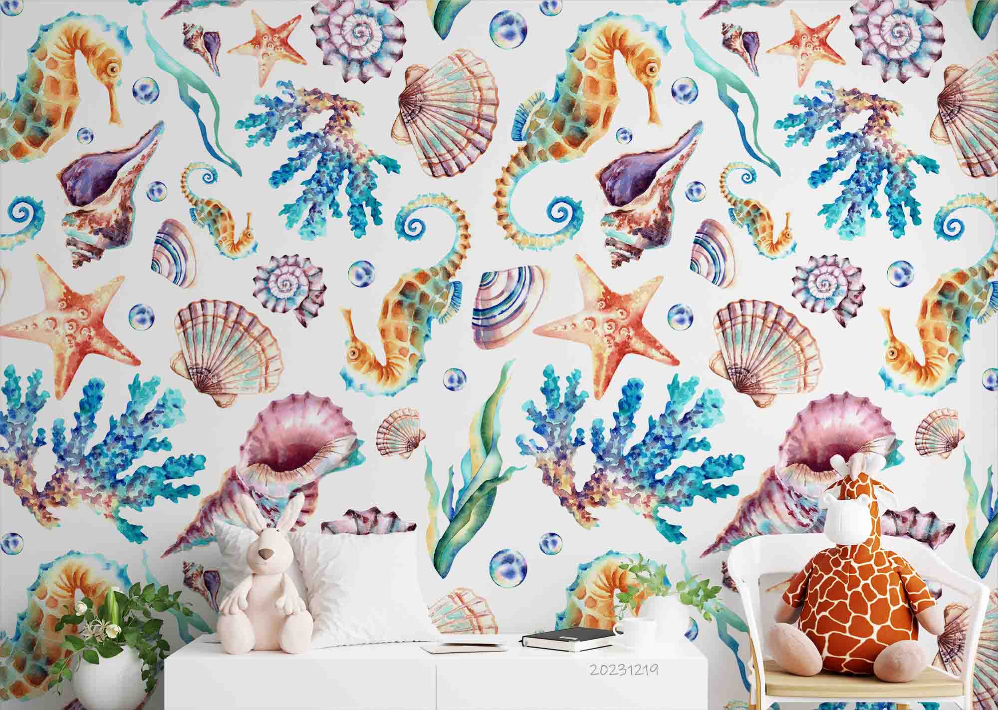 3D Animal Conch Starfish Sea Snail Sea Horse Wall Mural Wallpaper YXL 45