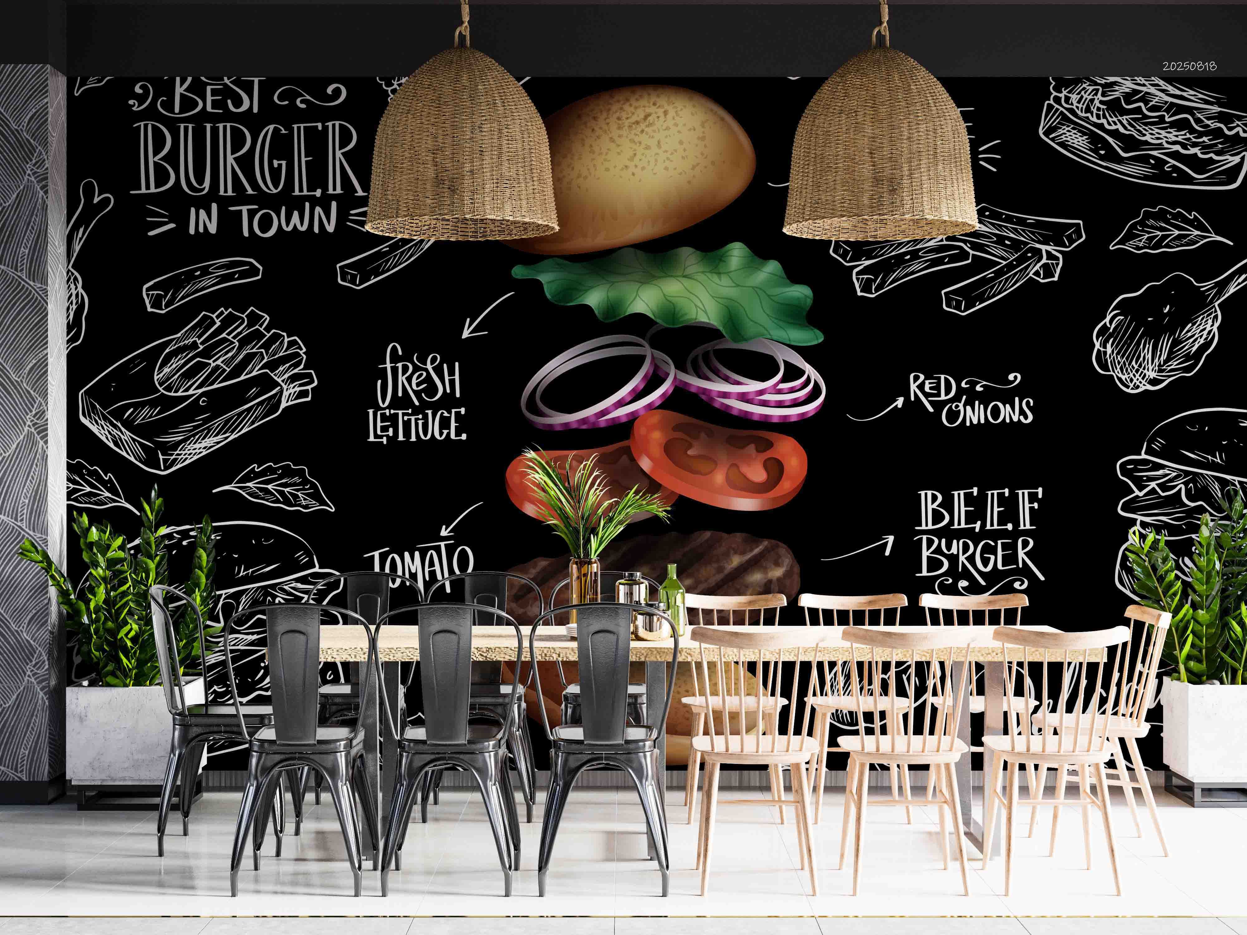 3D Restaurant Snack Bar Diner Fast Food Hamburger Cips Wall Mural Wallpaper 11