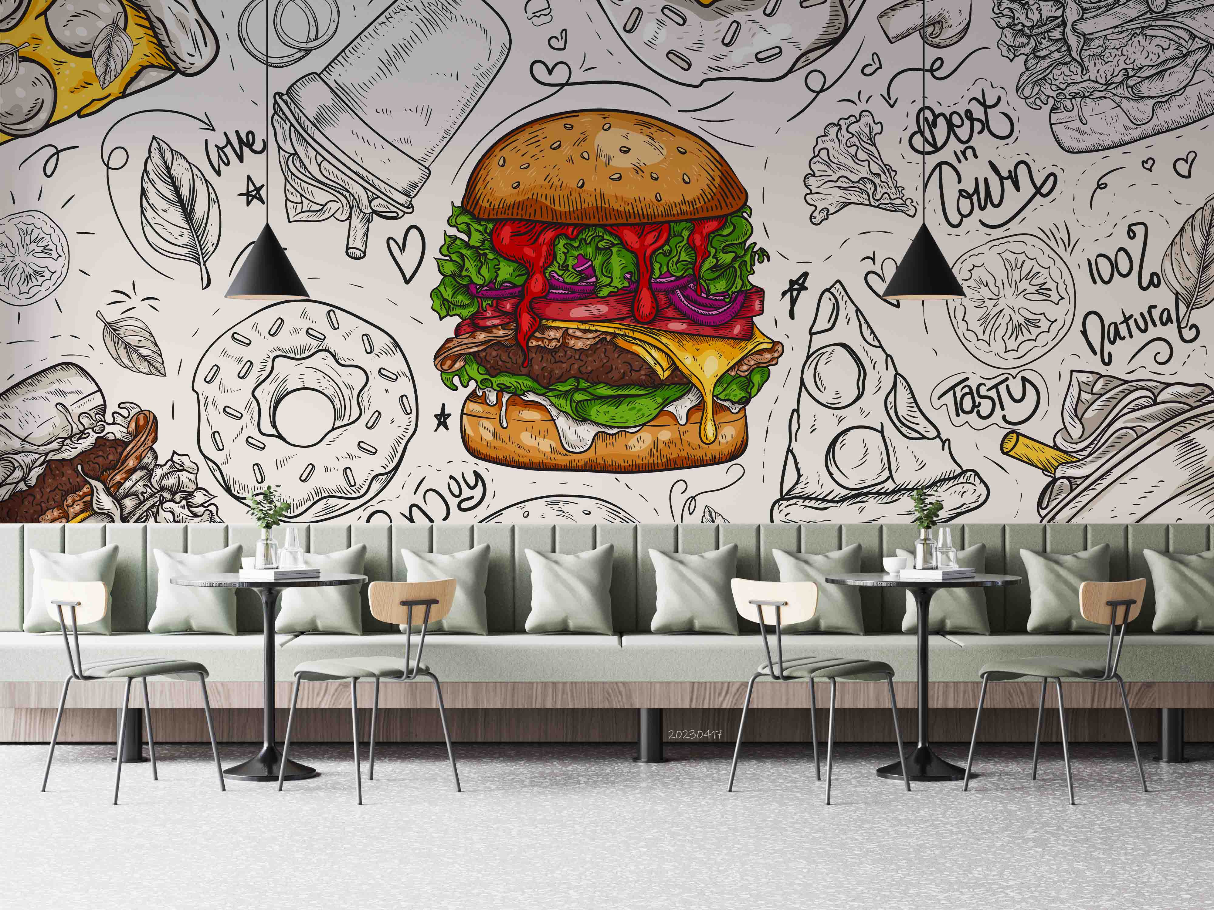 3D Fast Food Background Linear Graphic Snacks Collection Wall Mural Wallpaper GD 5495- Jess Art Decoration