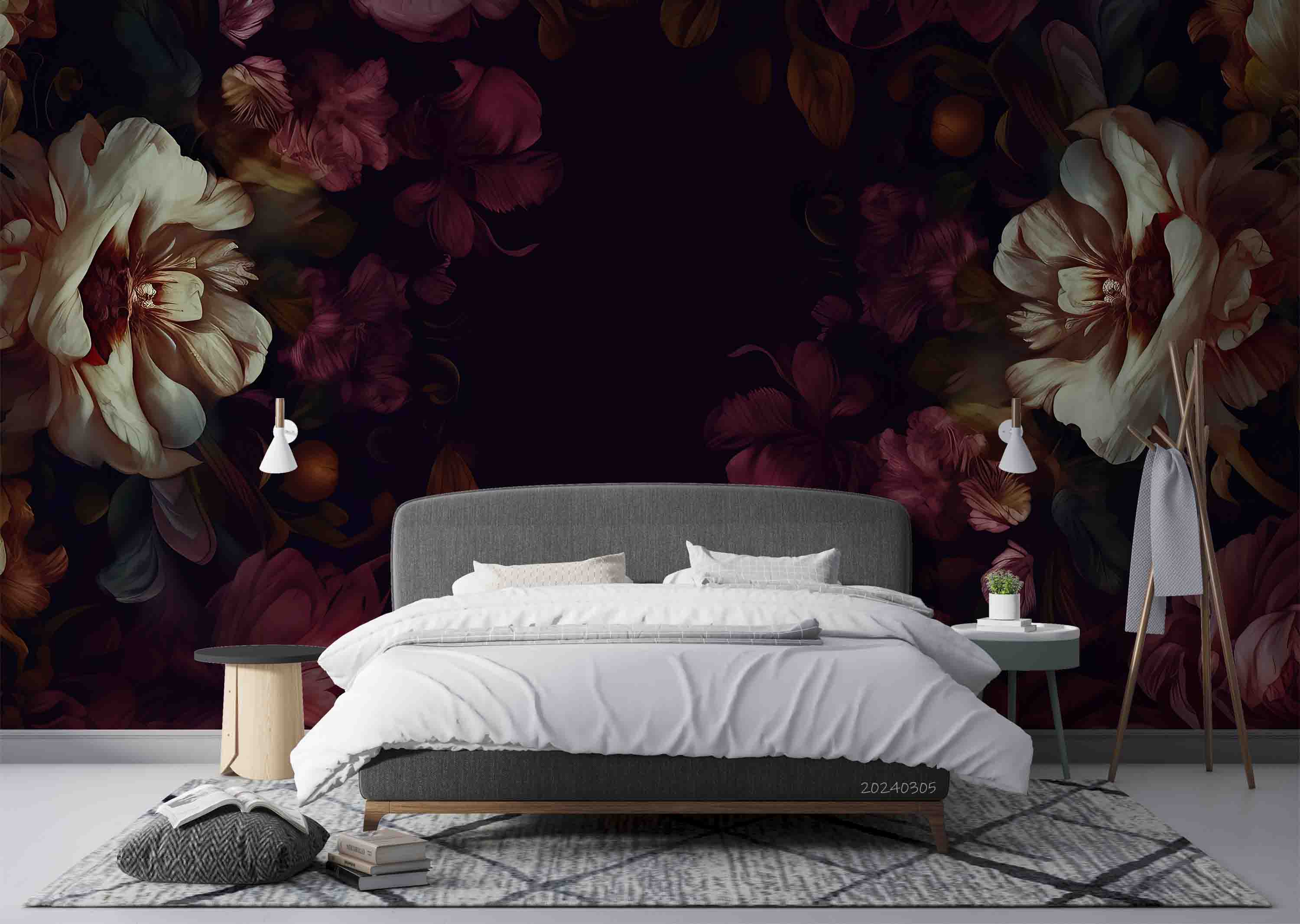 3D Black Floral Leaves Bouquet Dark Background Wallpaper Wall Mural Wall Decor Wall Art Wall Sticker Remoable Wallpaper