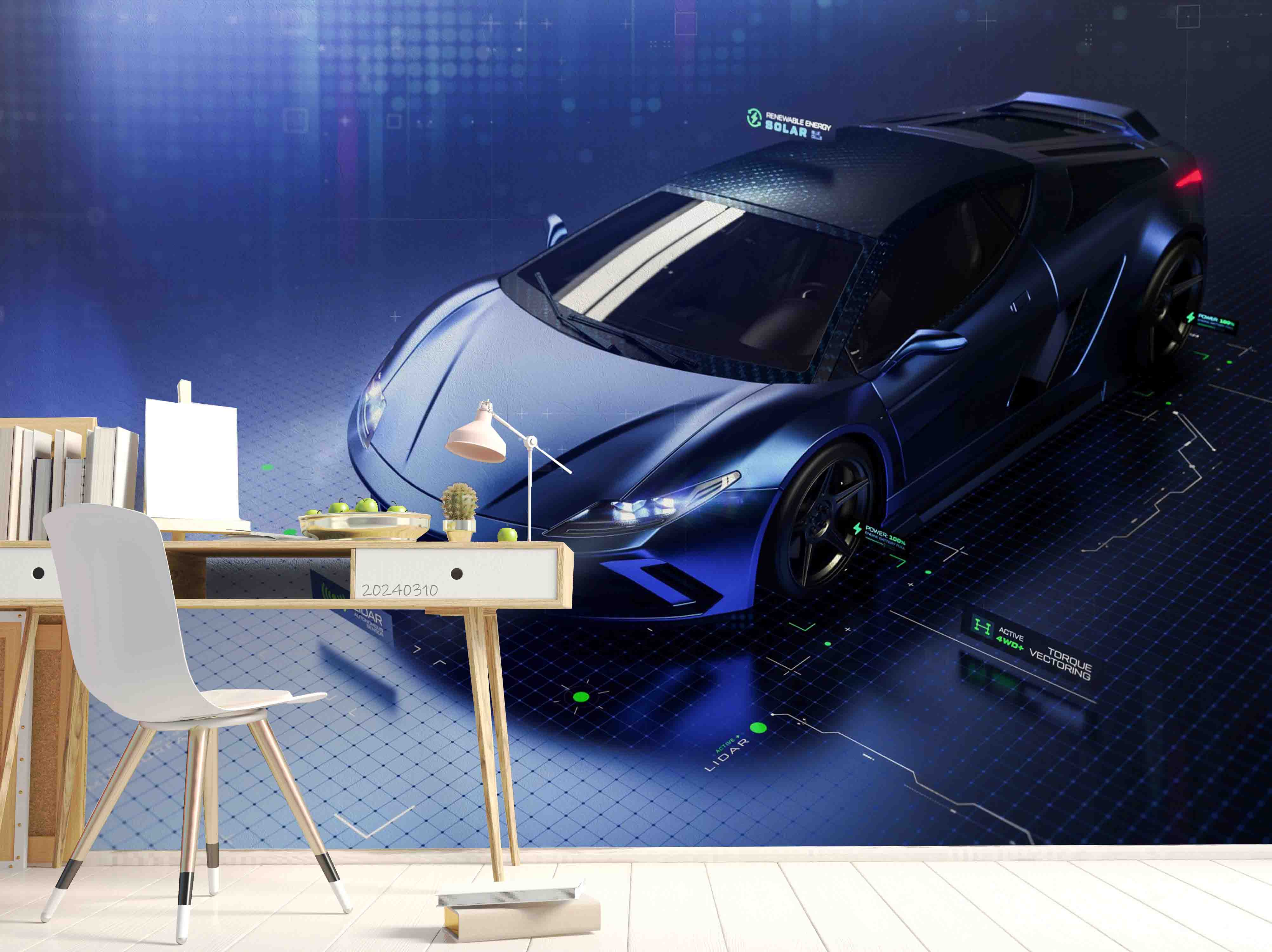 3D Blue Sports Car Wallpaper Wall Mural Wall Decor Wall Art Wall Sticker Remoable Wallpaper