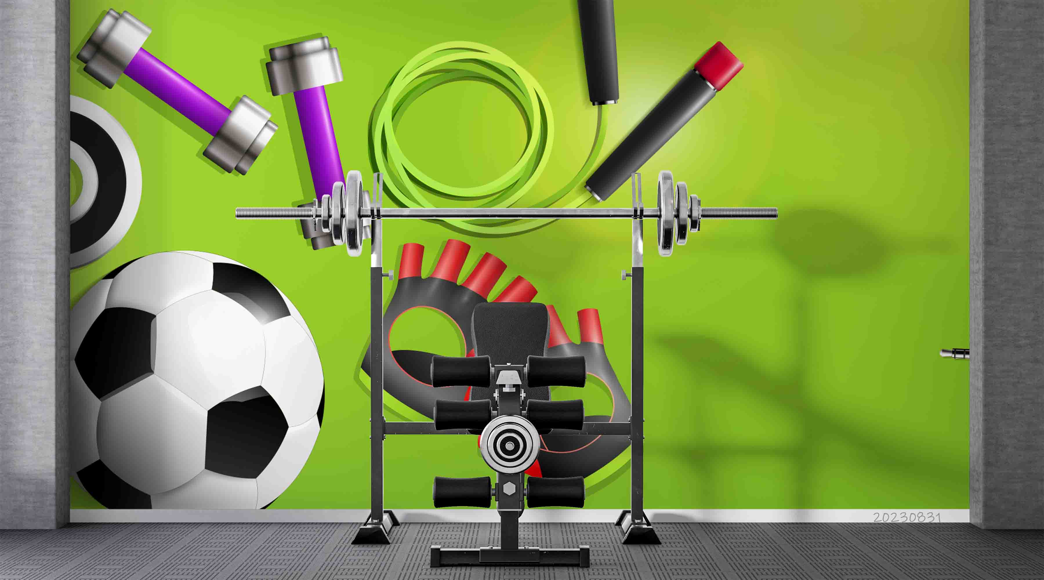3D Football Grassland Dumbbell Rope Skipping Wall Mural Wallpaper YXL 2374